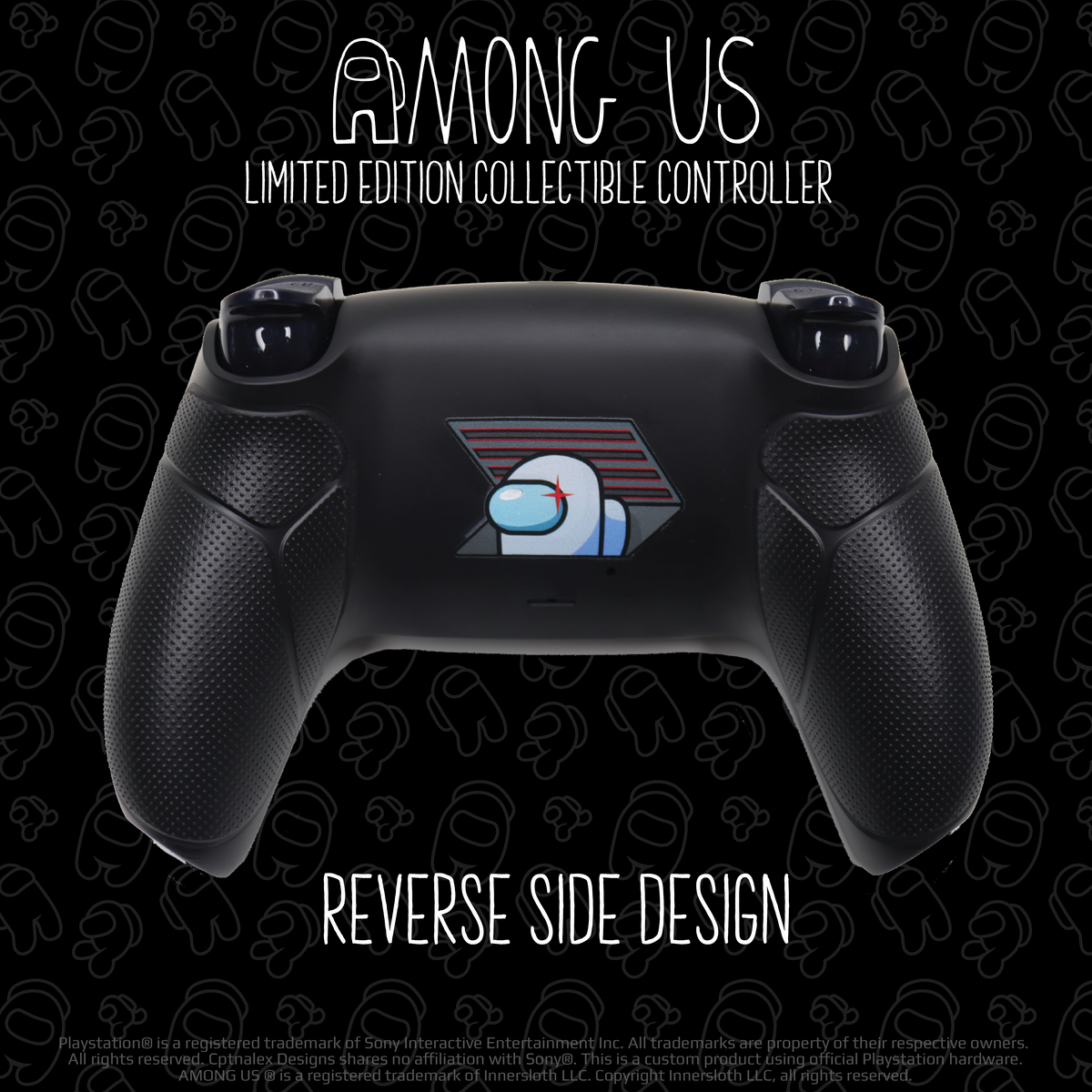 A Mock Up of the reverse side of the Among Us Themed DualSense Controller for Playstation 5. The back of the controller features a white impostor with a red shine peeking out of a vent against an all-black controller background. The text on the image reads Among Us Limited Edition Collectible Controller Reverse Side Design 
