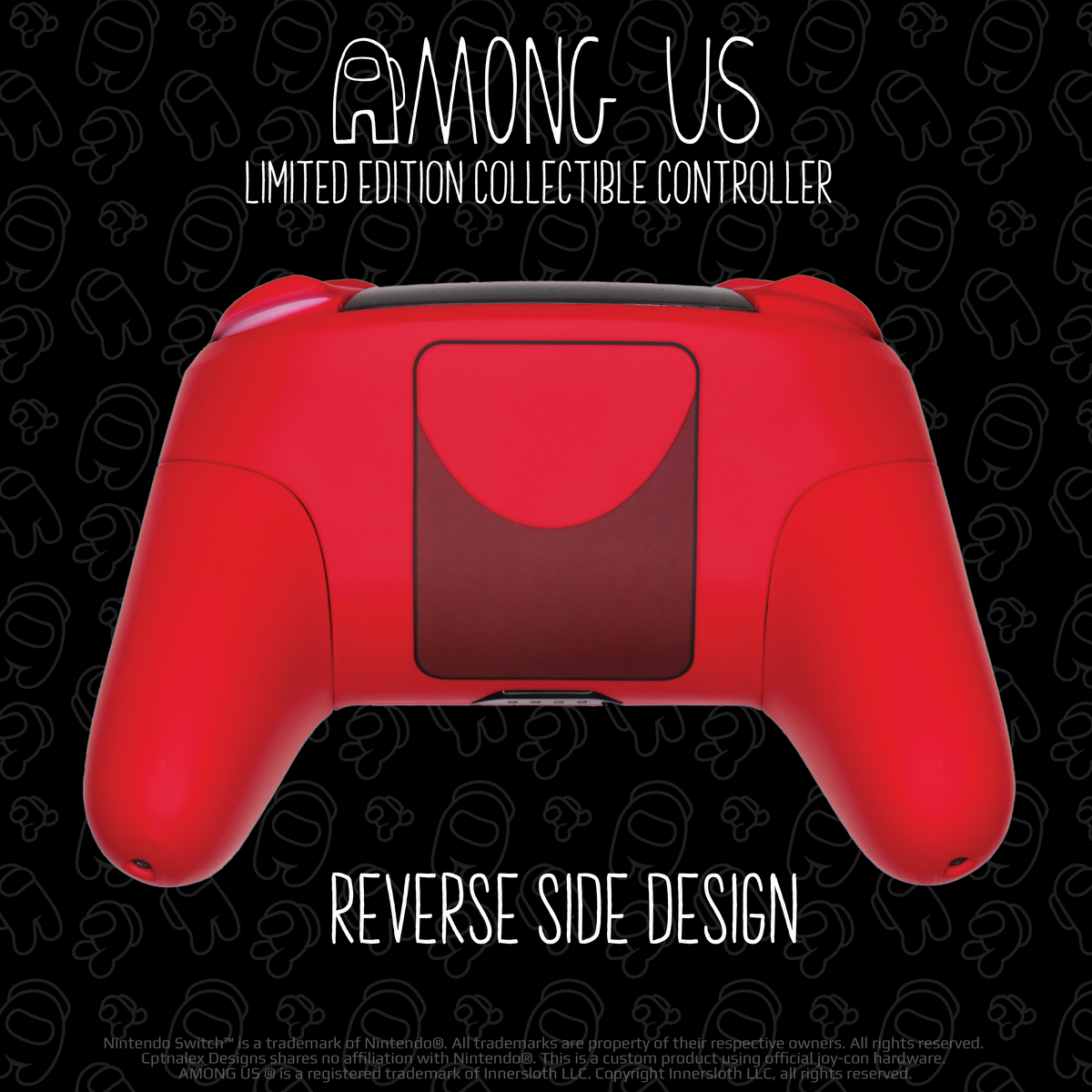 A mock up of the reverse side of the Nintendo Switch Custom Controller. The controller is entirely red except for a large rectangle on the back shaded to look like the in-game Crewmate backpack. The text reads  Among Us Limited Edition Collectible Controller Custom Pro 