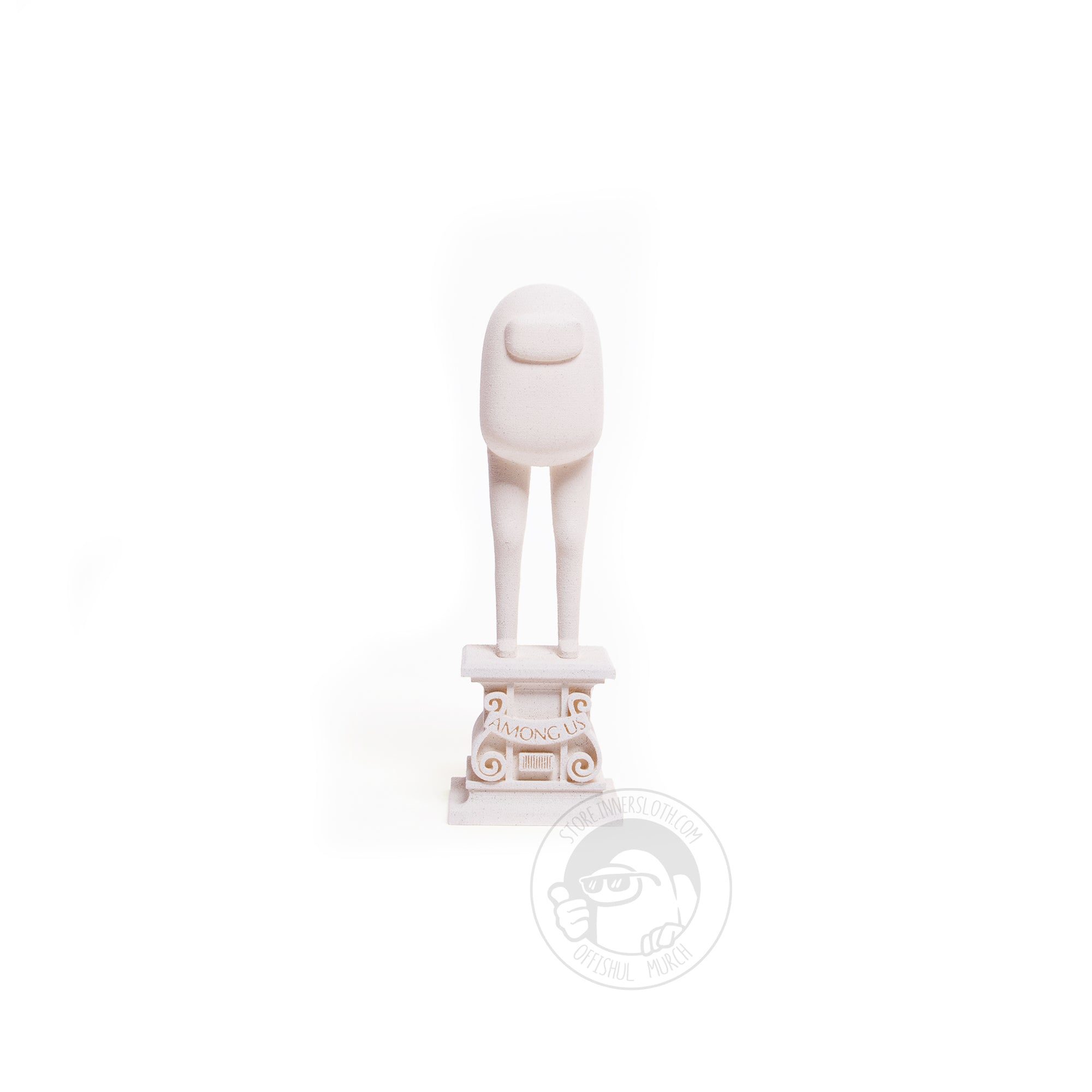 A front-facing product photo of an all white 3D printed Crewmate figurine standing on a pedestal by Garbage Inc. The Crewmate body is a rounded egg shape with extremely long legs and teeny tiny feet. The Crewmate is standing on a fancy pedestal with a banner that reads “Among Us” across the front. 