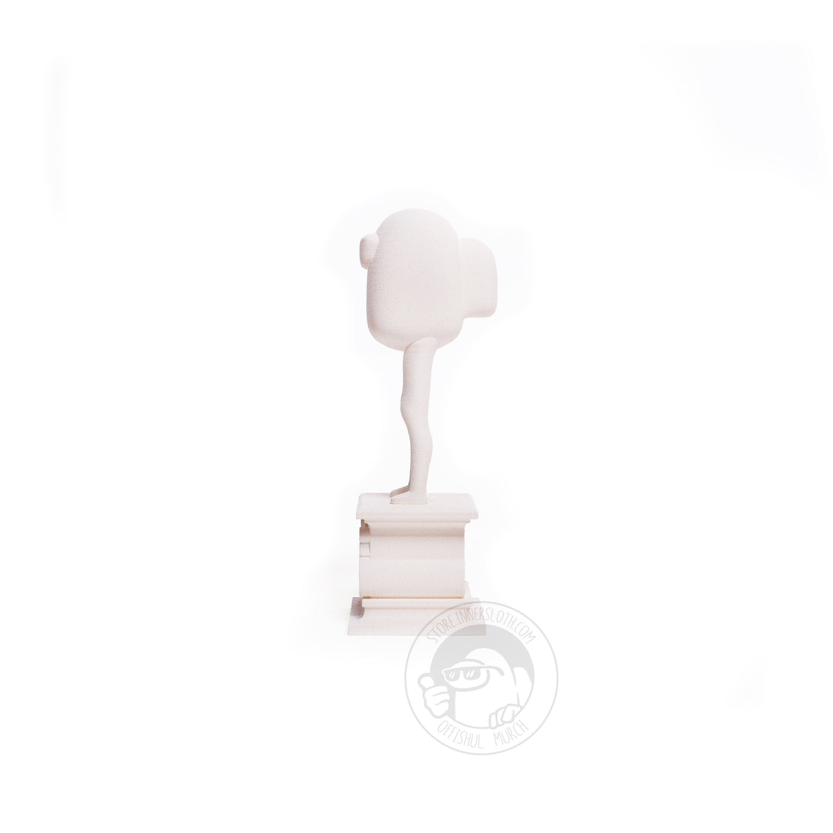 A product photo of the 3D printed Crewmate statue by Garbage Inc. facing left in profile view. From this angle you can see the boxy backpack protruding from its back. 