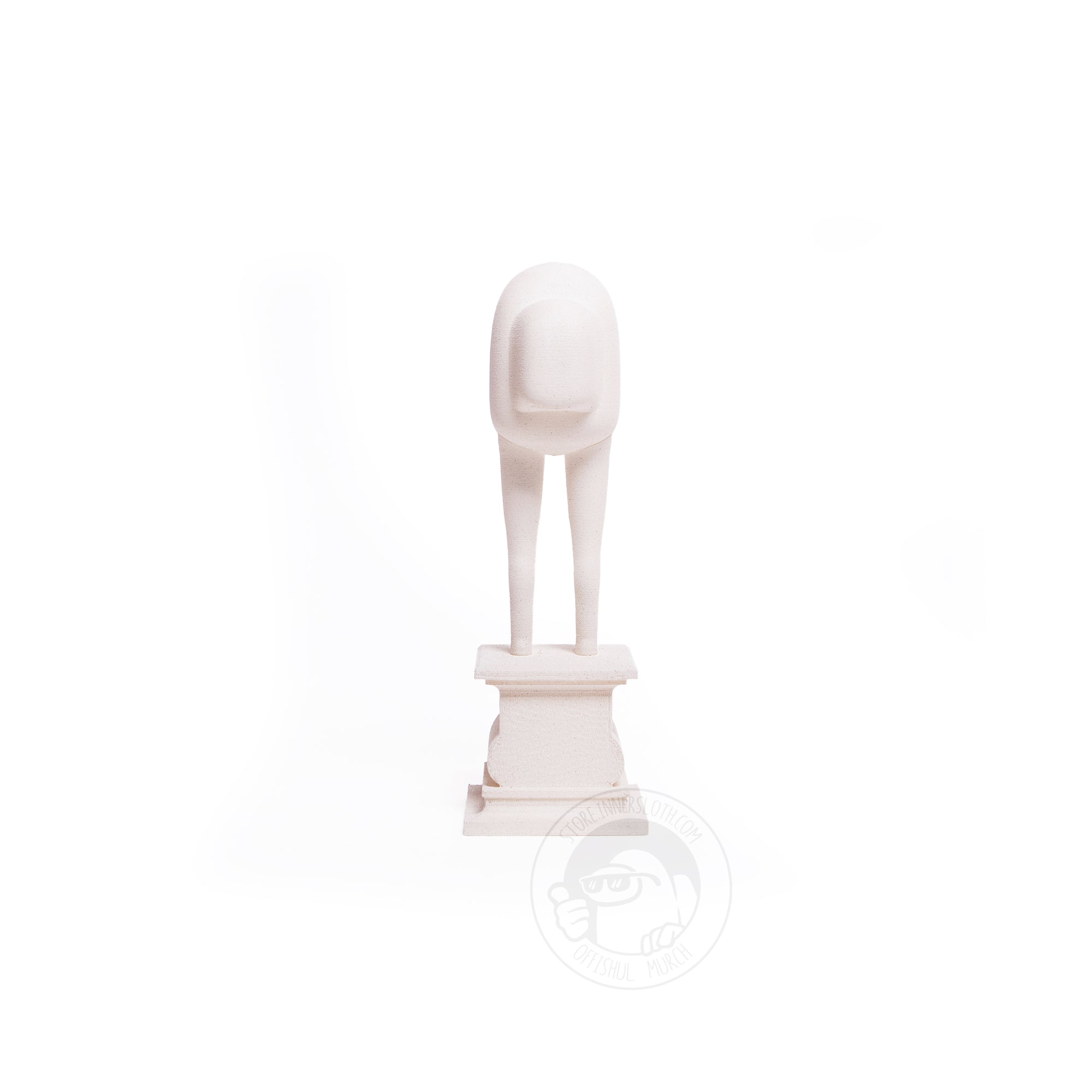 A front-facing product photo of an all white 3D printed Crewmate figurine standing on a pedestal by Garbage Inc. The Crewmate body is a rounded egg shape with extremely long legs and teeny tiny feet. The Crewmate is standing on a fancy pedestal with a banner that reads “Among Us” across the front. 