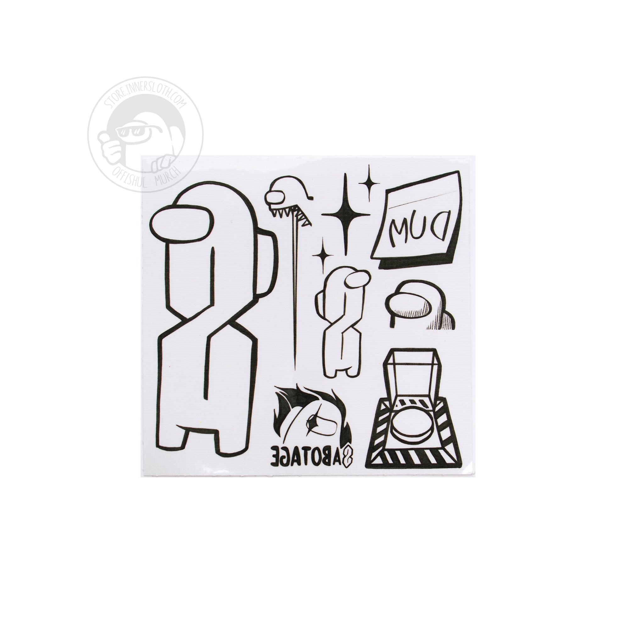 A photograph of one of two black and white Among Us temporary tattoo sheets. Set one has eight printed tattoos: One large and one small “Cool S” Crewmate; An open-mouthed impostor with an extremely long, sharp, tongue; A grouping of two small and one large impostor shines; a DUM sticky note; A Crewmate; A flaming Impostor tattoo that reads SABOTAGE, in bold lettering with a Cool S for an S, and an emergency button.
