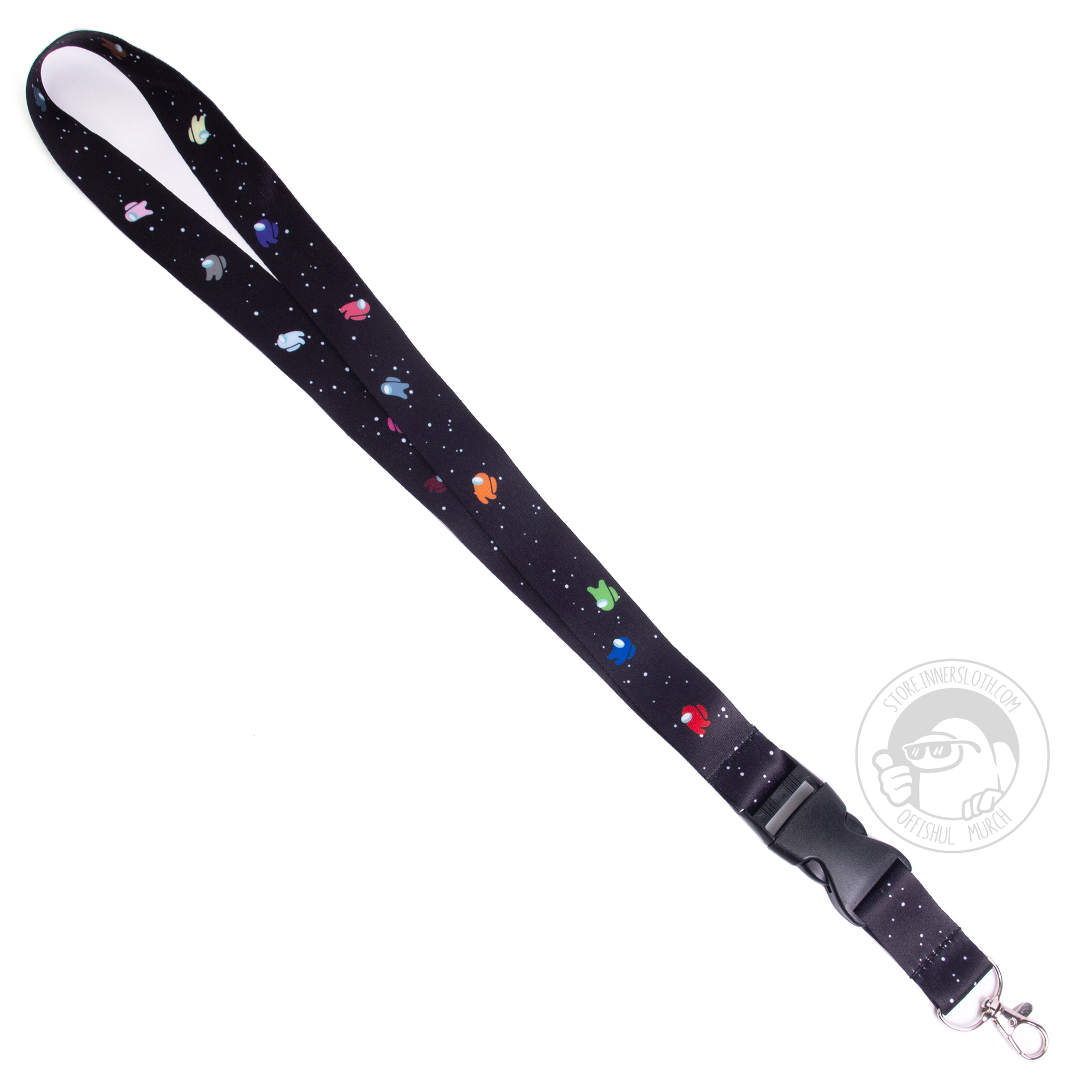 A black lanyard with a Space background, with multicolored Among Us Crewmates on it.