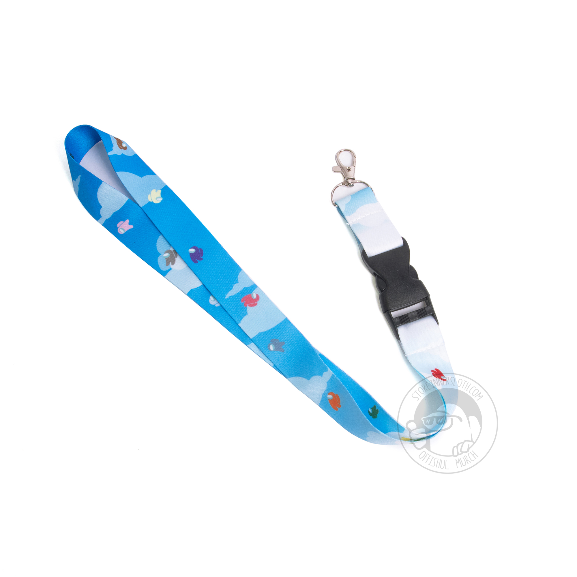 A lanyard with a sky on it and multi-colored crewmates on a white background.