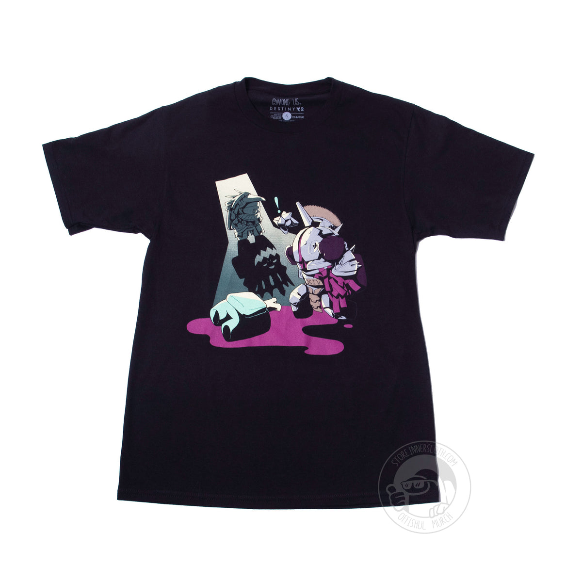 A flat lay product photo of the Osiris The Impostor Tee on a white background.  The black tee design shows Saint-14 discovering Cyan’s dead body in a puddle of blood. Behind him, Osiris stands in an illuminated doorway looking inside. The Witch Queen appears as Osiris’s shadow stretched across the floor to the murder scene. A ghost floats next to Osiris’s head with a blue exclamation mark over it.