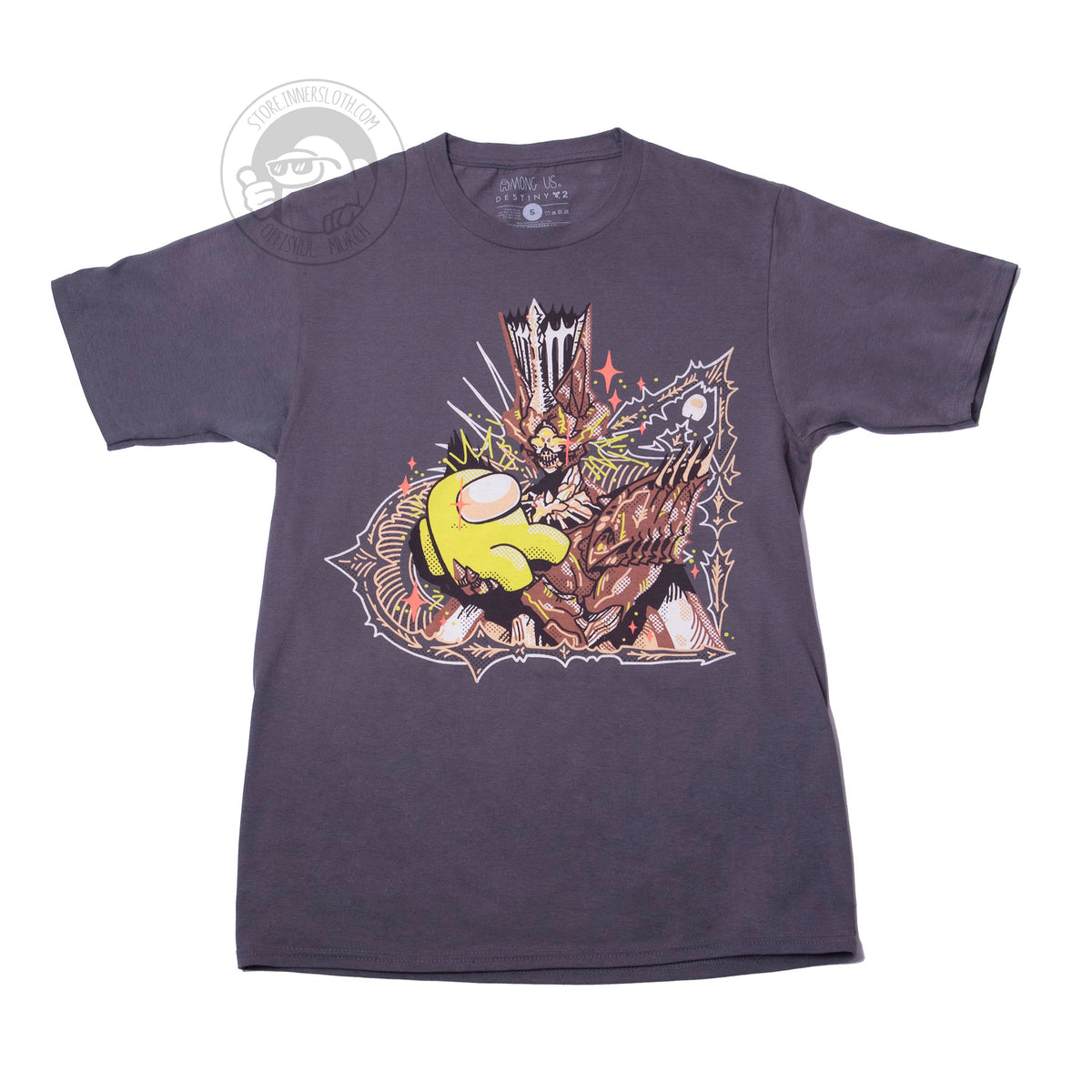 A flat lay product photo of the Witch Bean tee on a white background. The design is printed on a charcoal t-shirt depicting the Witch Queen cradling a Yellow Impostor against her spiky, brown, insectlike body. There’s a red shine glinting from the right side of her three eyes. Several red impostor shines are sprinkled throughout the design. 