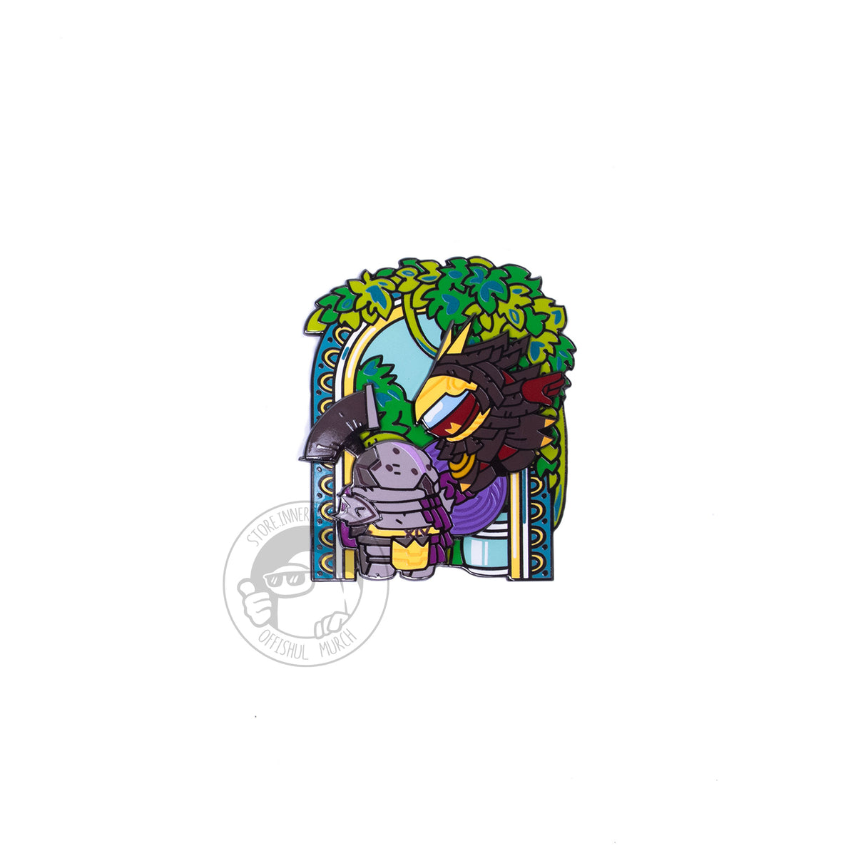 A product photo of the Peace to Purpose Enamel Pin on a white background. Crewmate Saint-14 stands facing and Crewmate Osiris as he swoops down in his face. They’re both standing in front of a decorative foliaged balcony arch. 