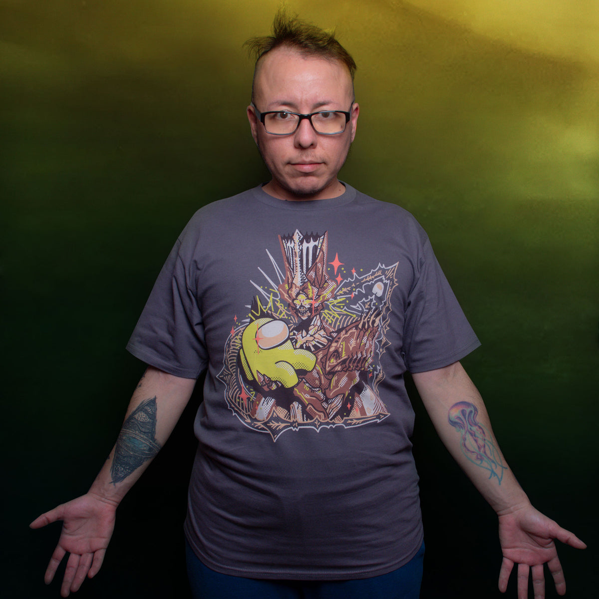  A model wearing the Witch Bean tee against a muddy yellow-green gradiated background. 