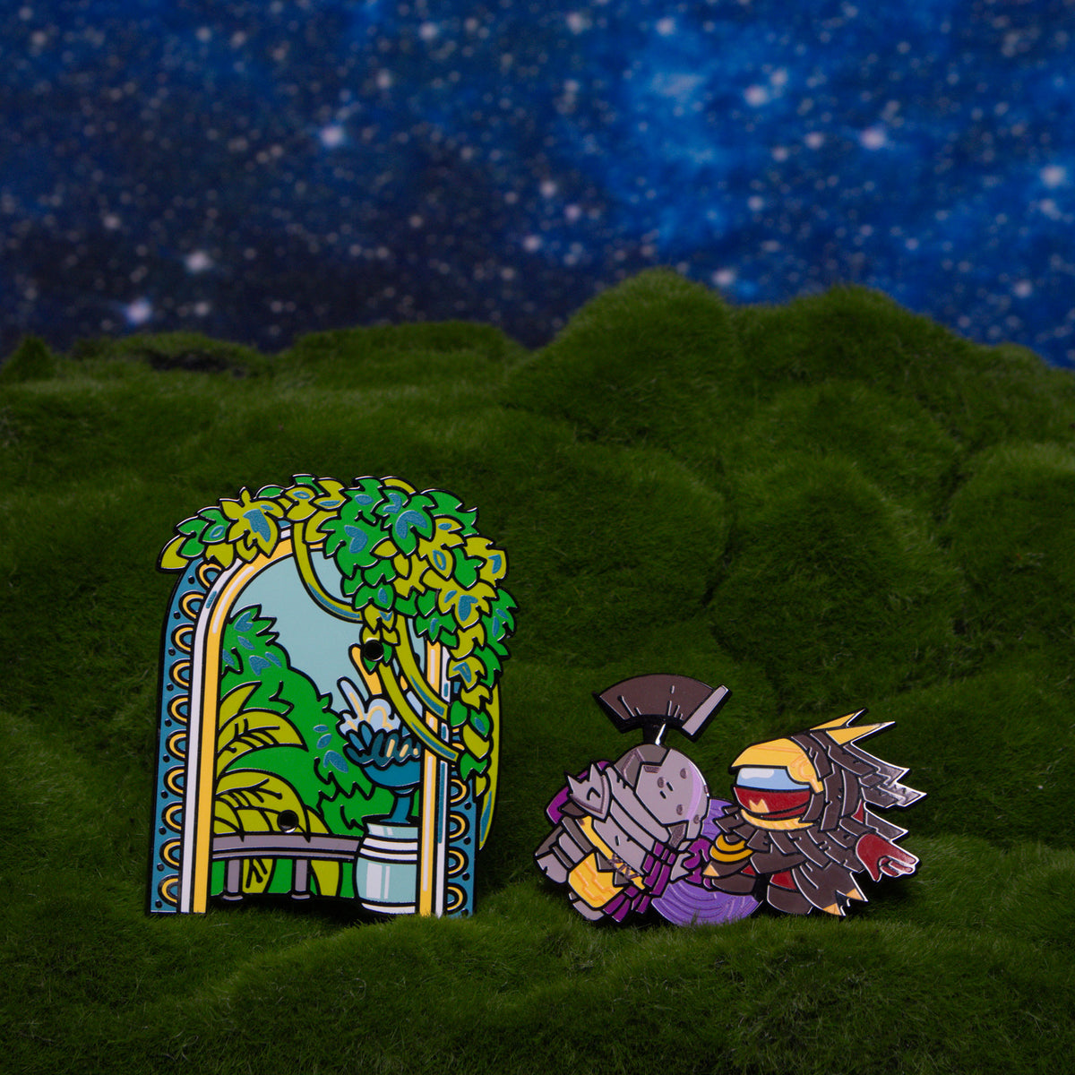 The Peace to Purpose Enamel Pin propped up against a faux moss carpet and a starry, blue, gradient background. The Background and Crewmates have been separated individually to show off the details of the pin.