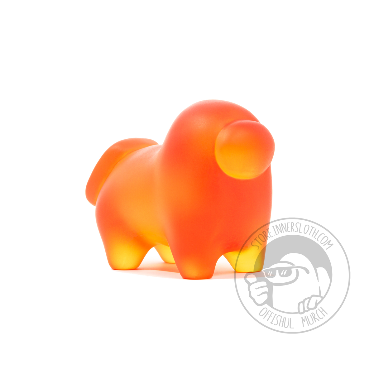 A photographed 3/4 of a Horse-shaped Crewmate figurine made of translucent Orange resin.