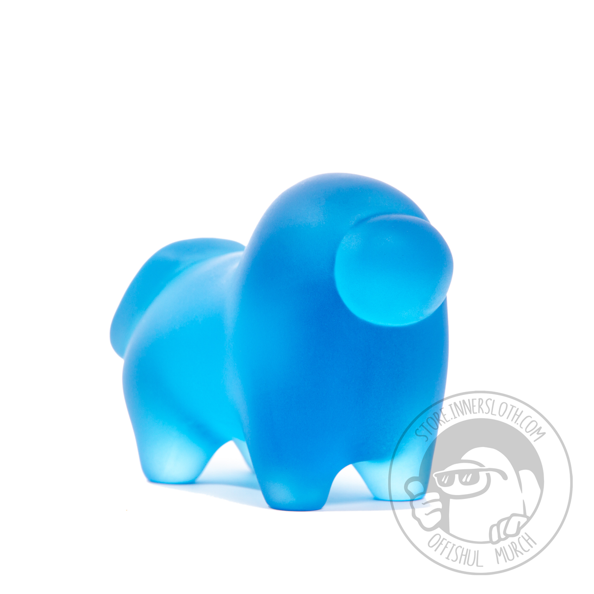 A photographed 3/4 of a Horse-shaped Crewmate figurine made of translucent blue resin.