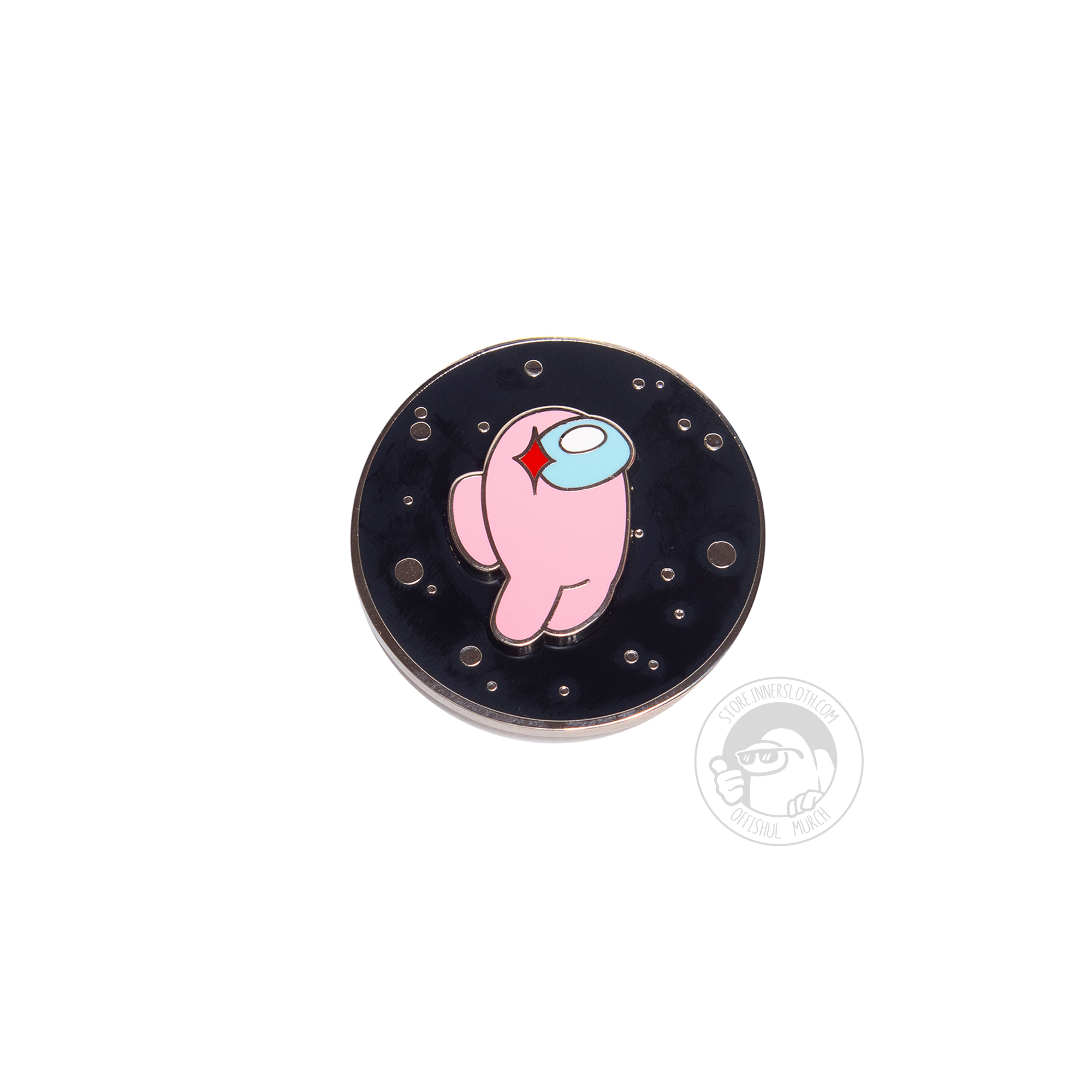 An enamel pin with the Rose crewmate on a space background. 