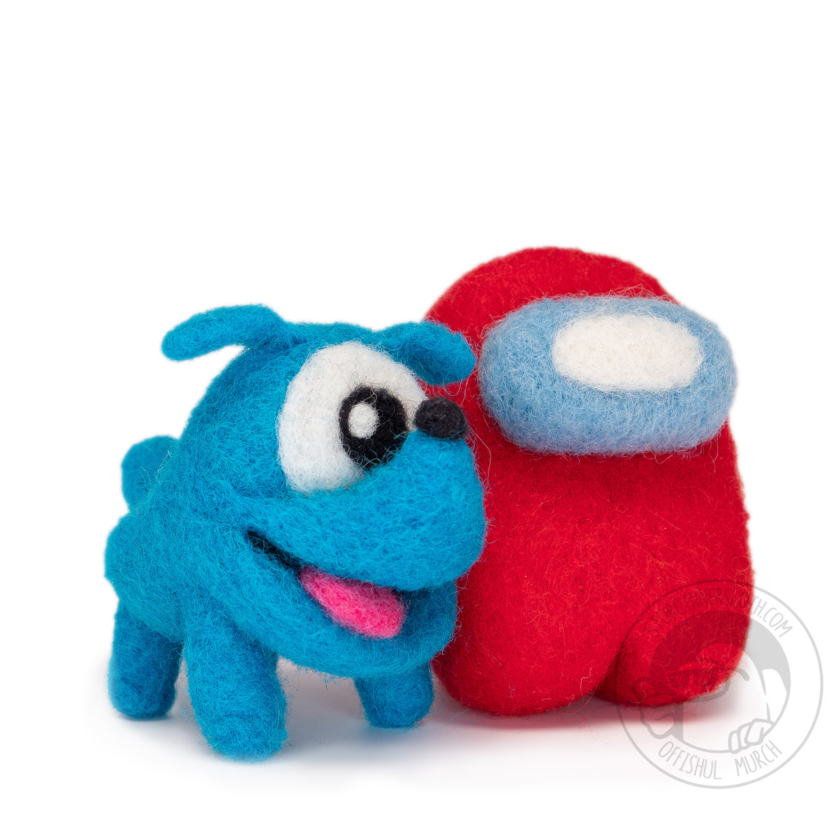 A photograph of the Needle Felted Mini Space Dog and Crewmate by Amarte Studio. The Space Dog is cyan in color with a long snout and black tipped nose. It has one large white eyeball in the center of its face and a black pupil. Its mouth is slightly ajar revealing a pink tongue. The Crewmate is a red rounded bean shape with a light blue visor and a white oval shine in the center. Both figures are standing in a ¾ view next to each other looking to the left on a white background. 