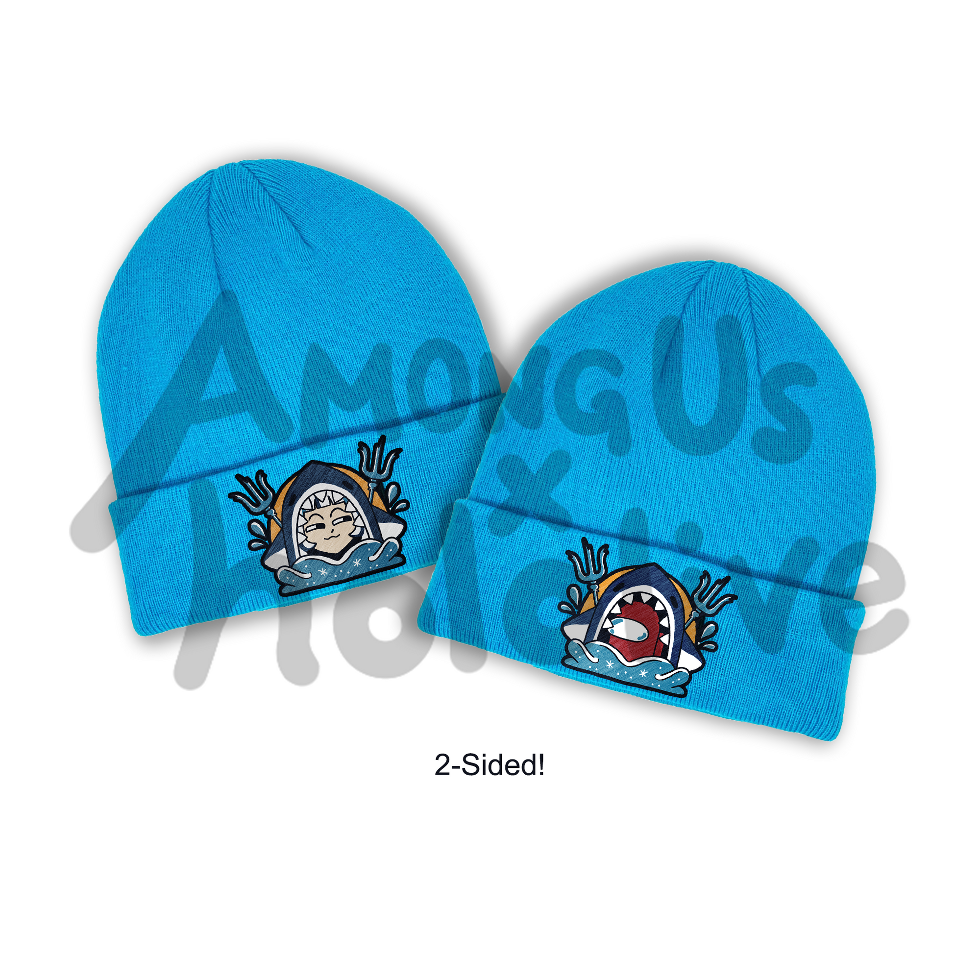 A product image showing off both sides of the Hololive x Among Us Gwar Gura 2-Sided cyan Beanie.   Both sides of the beanies have an embroidery featuring a character from Hololive or Among Us inside a shark mouth (Gura looking Mischevious on the right and Red Crewmate looking suspicious on the left). There are sparkly waves come up over the shark body, and two tridents with splashes. The other sides of them. Art by Ren Strapp