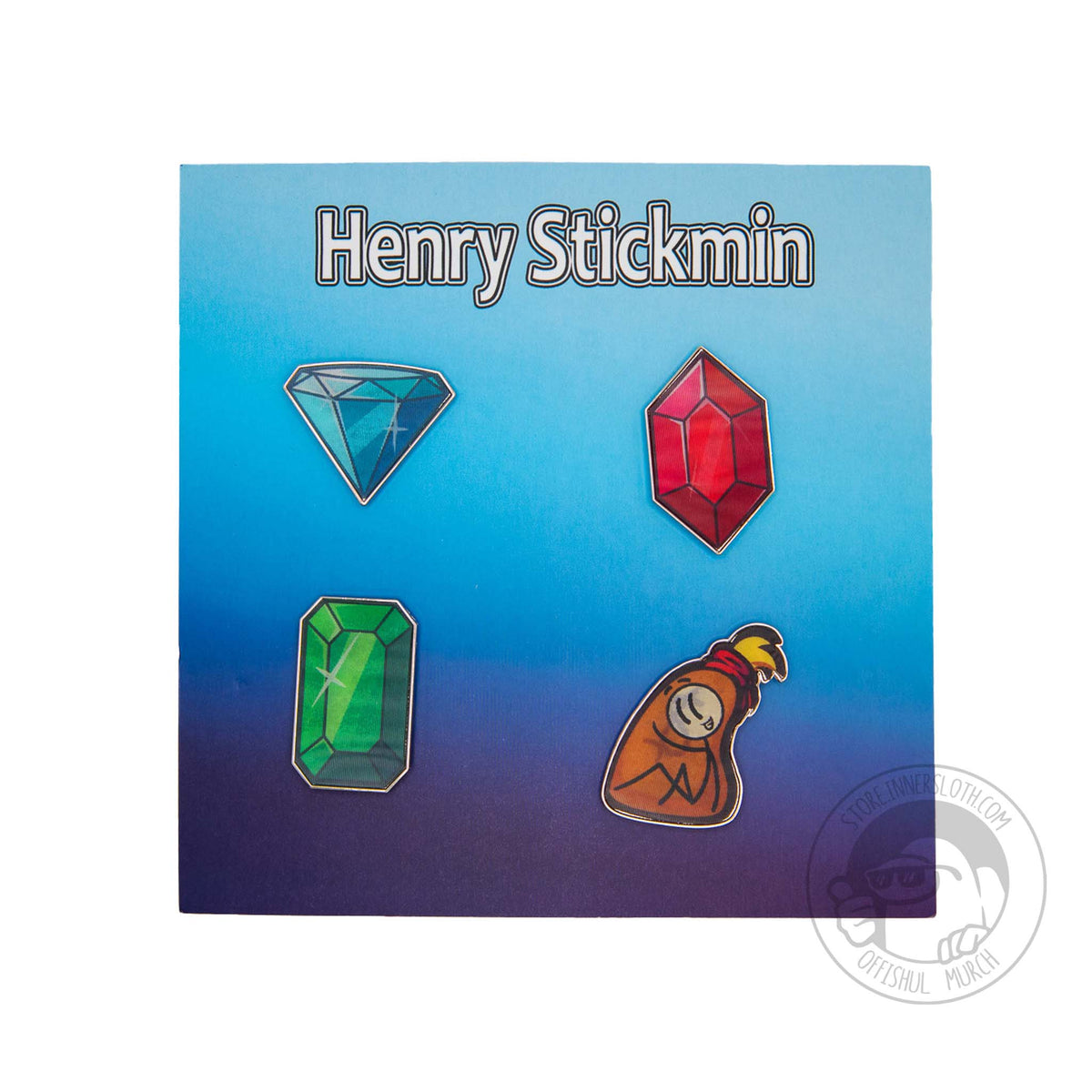 A product photo showing four pins; A blue diamond, a red ruby kite jewel, a rectangular green emerald, and a brown money bag with a dollar sign on the front. All of the pins are attached to a blue ombre backing card. The words Henry Stickmin appear in white with a black stroke above the pins at the top of the card.