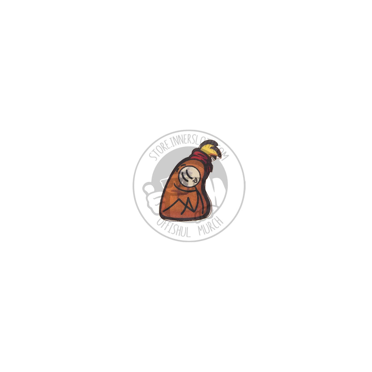 Henry Stickmin in a money bag lenticular pin on a white background. 