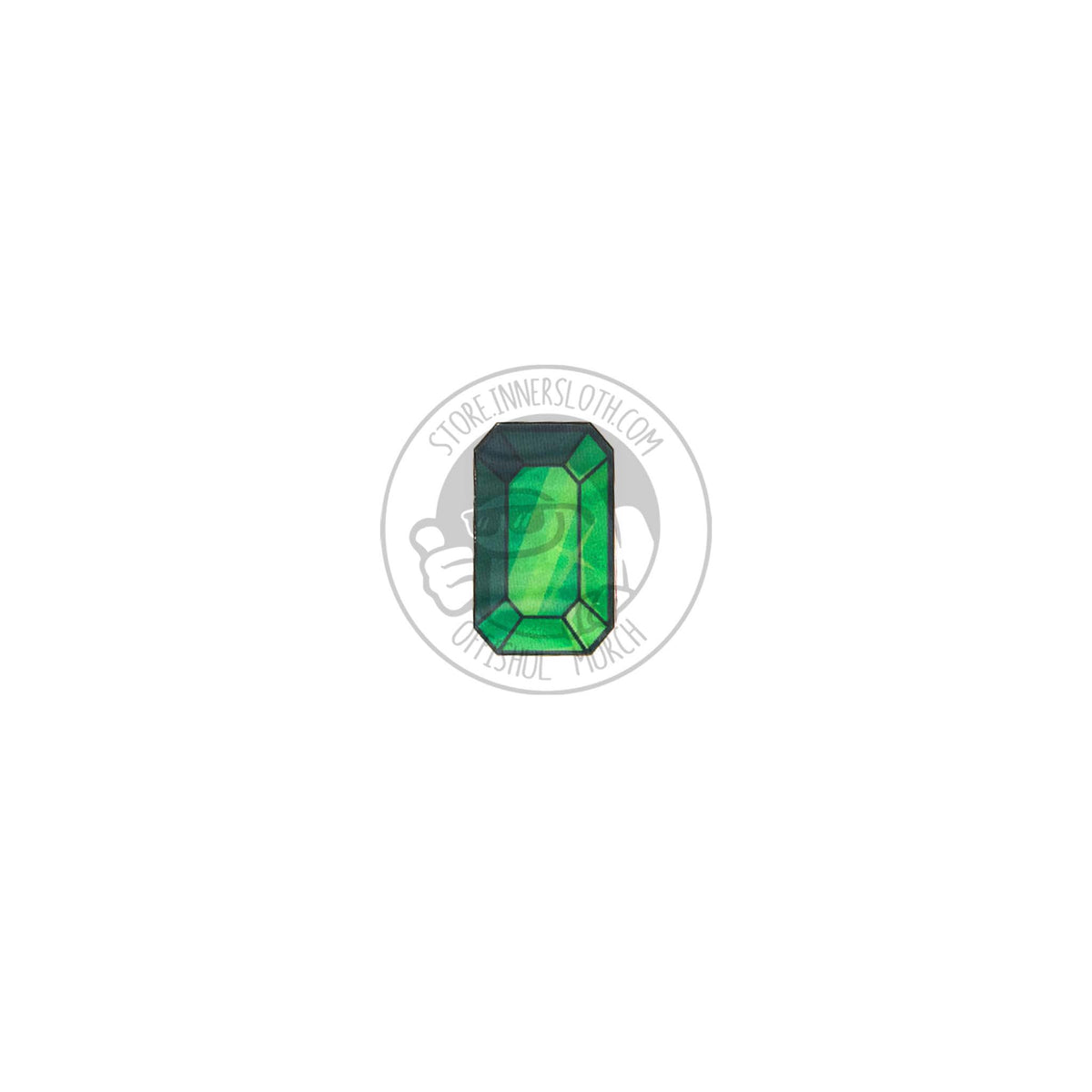 Emerald jewel lenticular pin on a white background. 