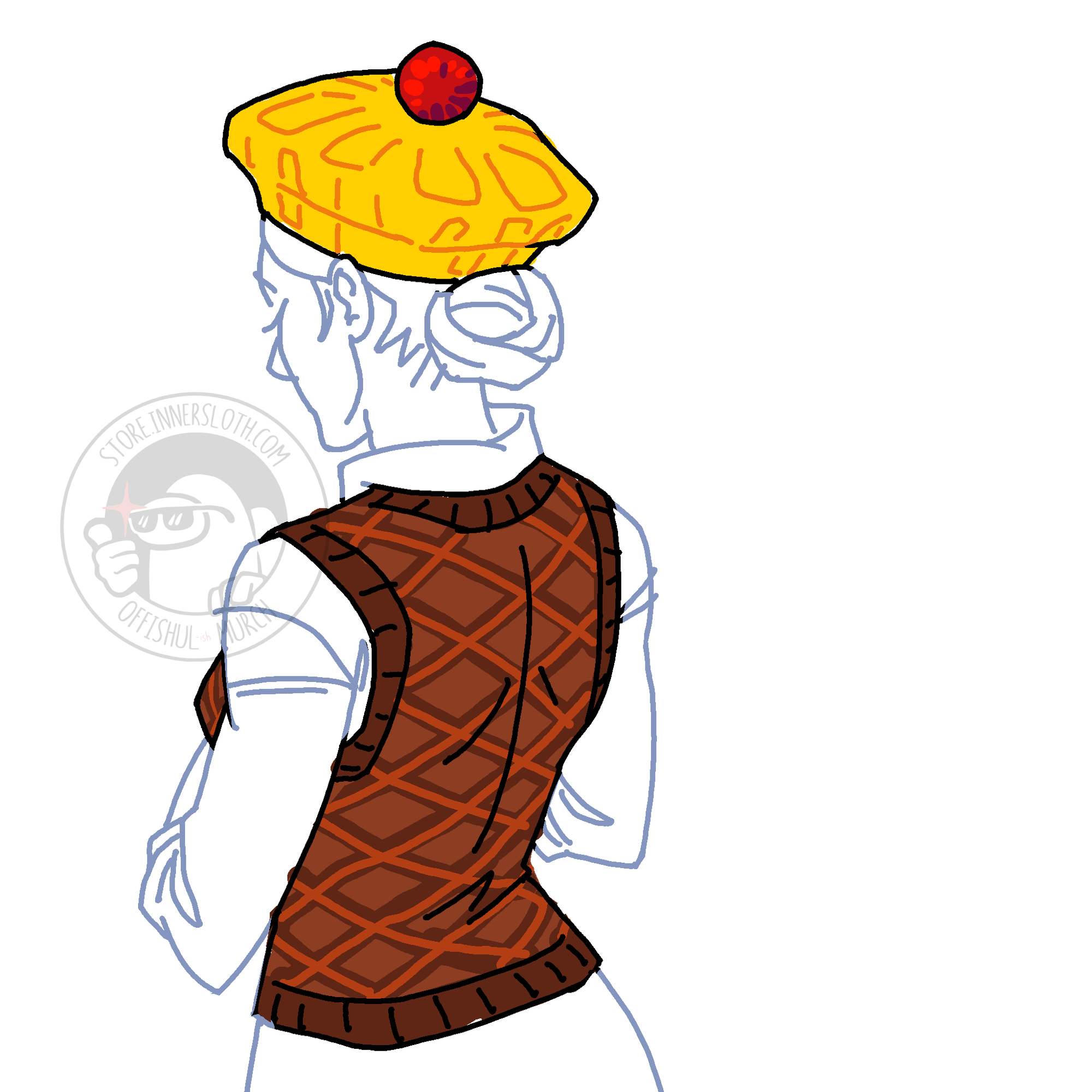 An illustration of the Holiday Hammy Drip Set by Jemma Salume.  A light blue sketch of a person wears both components, a hat and a vest. The hat is a yellow beret meant to emulate pineapple with a cherry pom-pom on top in the middle. The vest has dark brown collar, sleeve openings, and waistband while the garment itself is a lighter brown. The vest has a banded texture so as to emulate a ham rind.