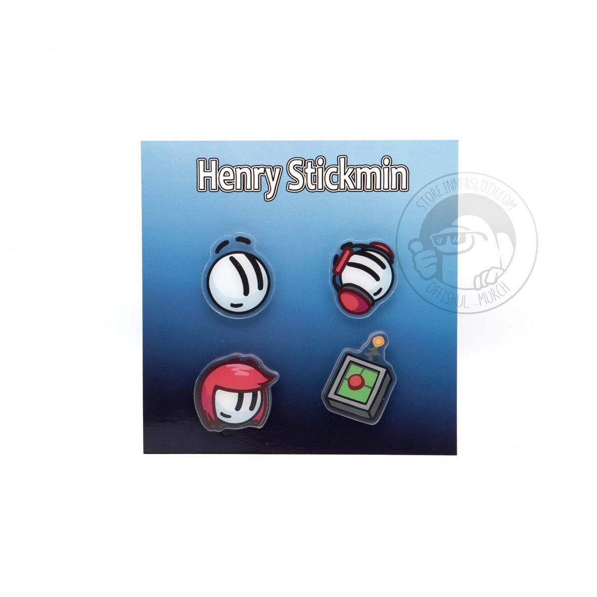 A product photograph of Henry Stickmin, Charles Calvin, Ellie Rose, and the teleporter acrylic pins laid out two by two on a blue gradient backing card. All of the named characters have a round circular white face, tally mark eyes, and a small smile. The teleporter is a small green box with a gray border, a big red button, and has an antenna sticking out from the top. The top of the backing card reads Henry Stickmin.