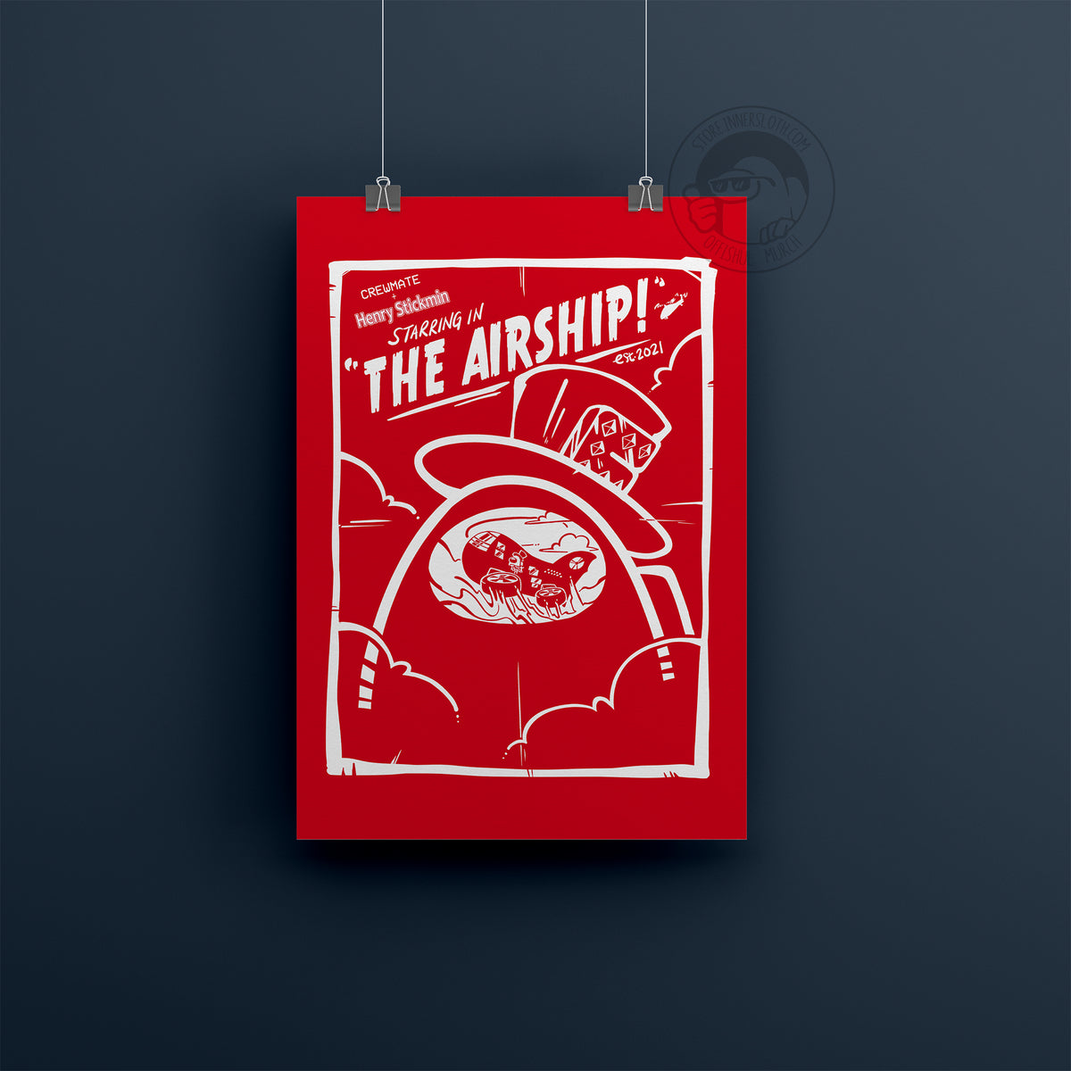A product photo of the Among Us: The Airship Poster. The poster is red with a printed white design advertising “Henry Stickmin, Starring in ‘The Airship!’” A large crewmate in a top hat has the airship reflected in its visor.