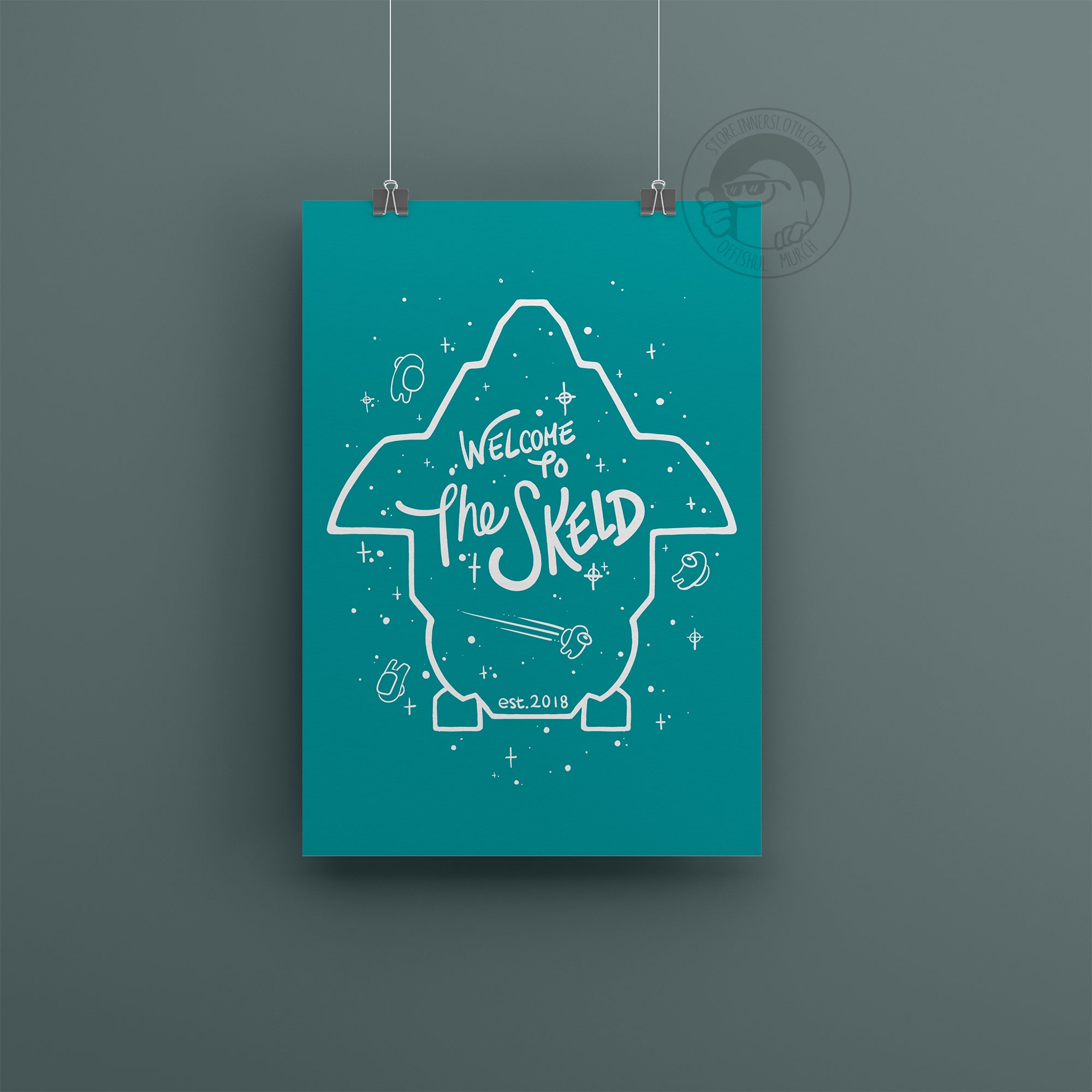 A product photo of the Among us: Welcome to The Skeld Poster. The white lineart on the teal background outlines the perimeter of the Skeld game map, with white stars and small crewmates sprinkled around it.