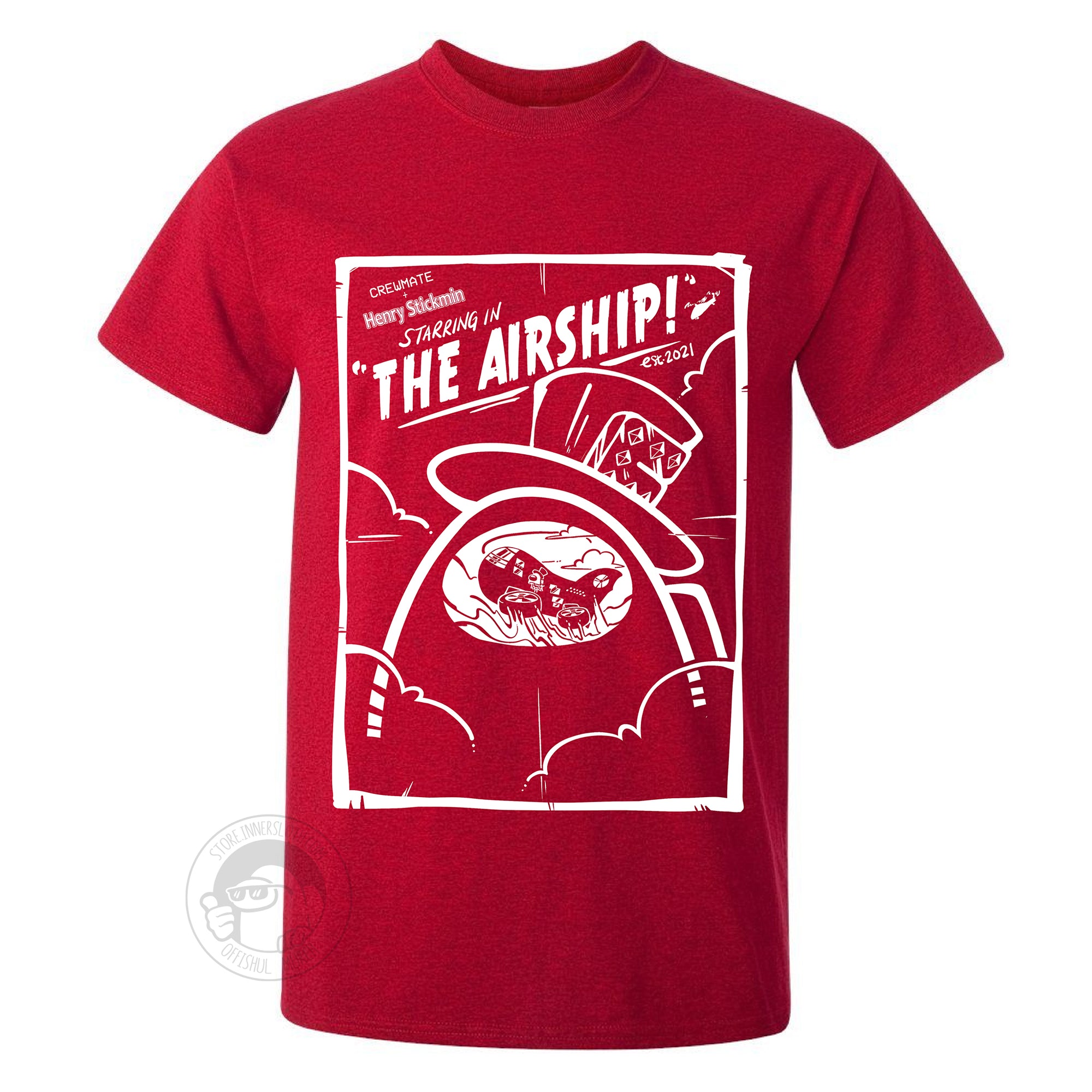  A product photo of the Among Us: The Airship shirt. The t-shirt is red with a printed white design of a mock movie poster advertising “Henry Stickmin, Starring in ‘The Airship!’” A large crewmate in a top hat has the airship reflected in its visor.