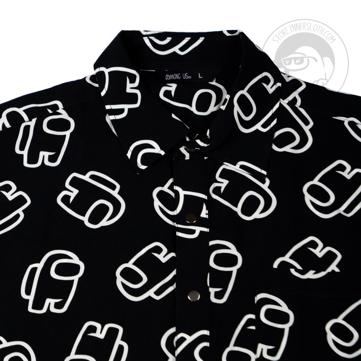 A close crop of the top part of the back of a black short-sleeved button-up covered in crewmates from Among Us outlined in white. The shirt is on a white background.