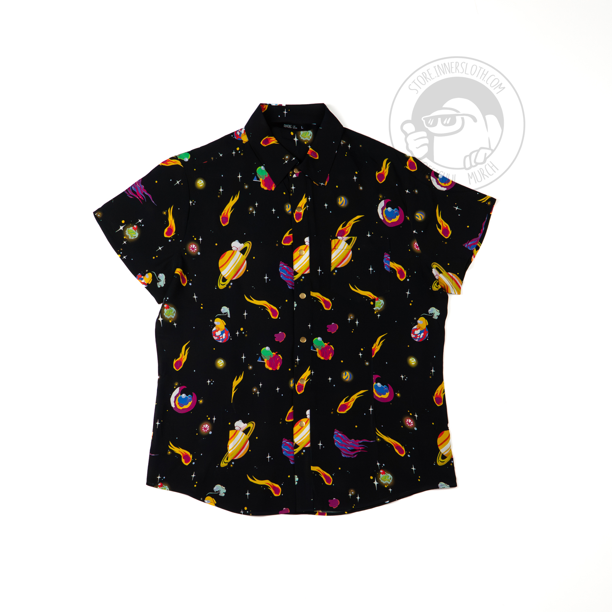 The front of a black short-sleeved button-up shirt on a white background. The black button-up is covered in crewmates from Among Us, as well as meteors, shooting stars, and planets.