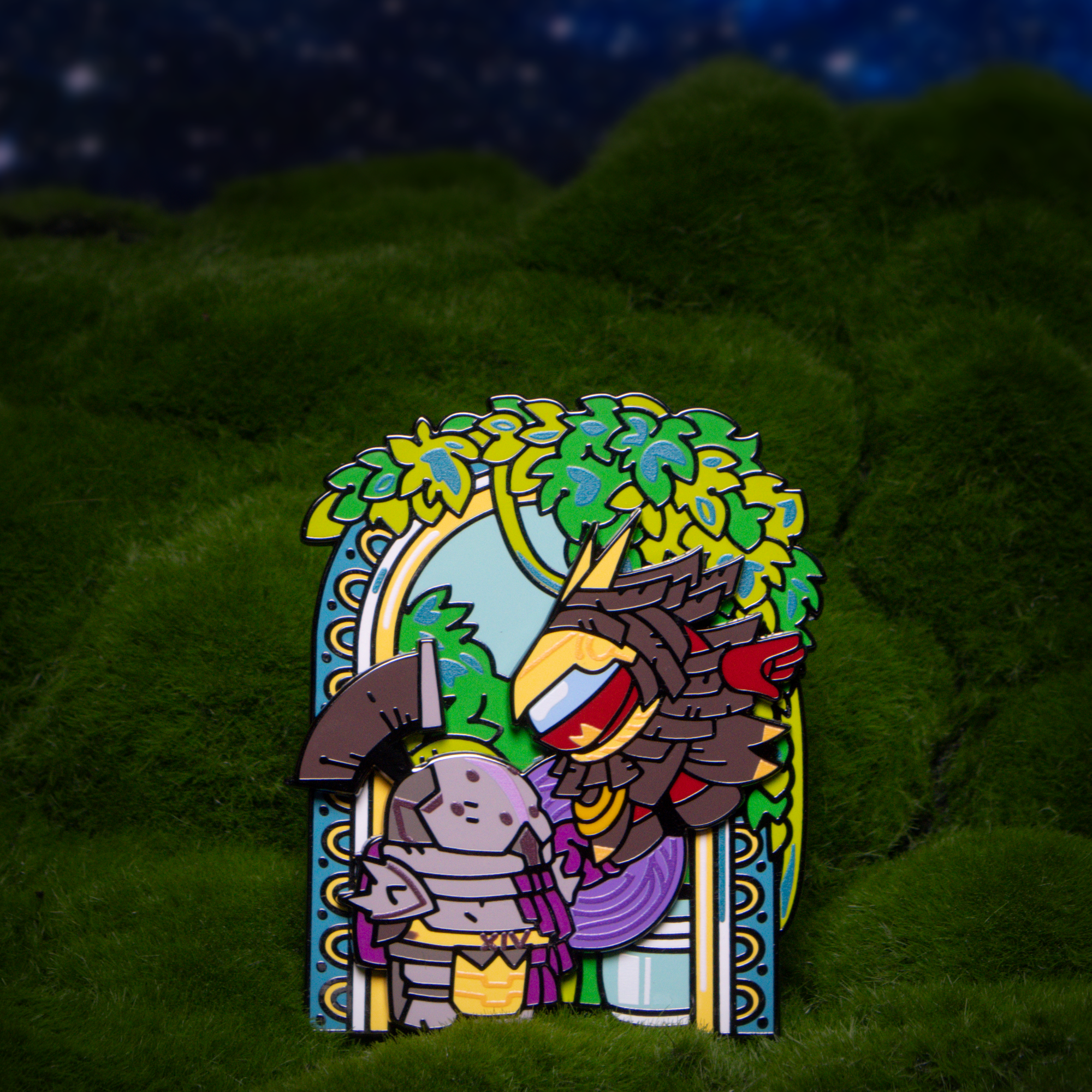 A product photo of the Peace to Purpose Enamel Pin on a white background. Crewmate Saint-14 stands facing and Crewmate Osiris as he swoops down in his face. They’re both standing in front of a decorative foliaged balcony arch. 