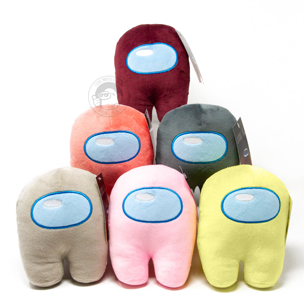 A group product photo of the Among Us: Crewmate Plush by Frisk Wolfie. The plushes stand closely together in a pyramid formation. The colors shown are maroon, coral, grey, tan, rose, and banana.