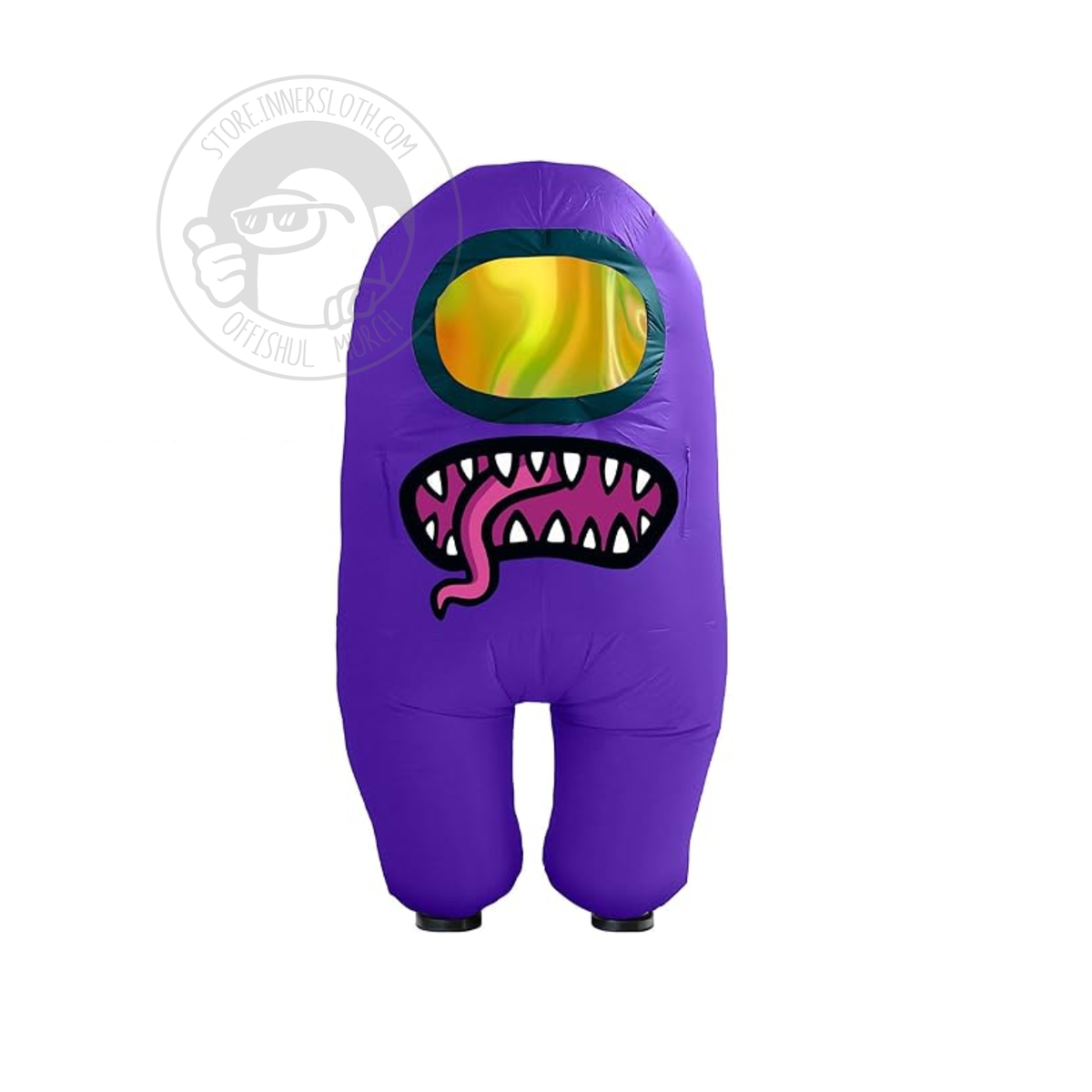 Front view of the Purple inflatable Impostor costume, there is an open mouth with sharp teeth and pink tongue sticking out of the belly of the costume. 