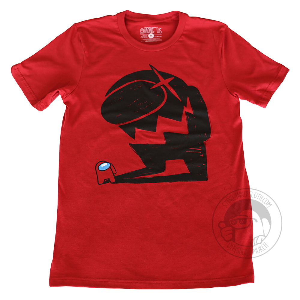 A flat lay photograph of the Among Us: Impostor Red Shadow Adult Tee. It is a red t-shirt. The front of the shirt shows an illustration of a small red Crewmate that casts a large, black impostor shadow.