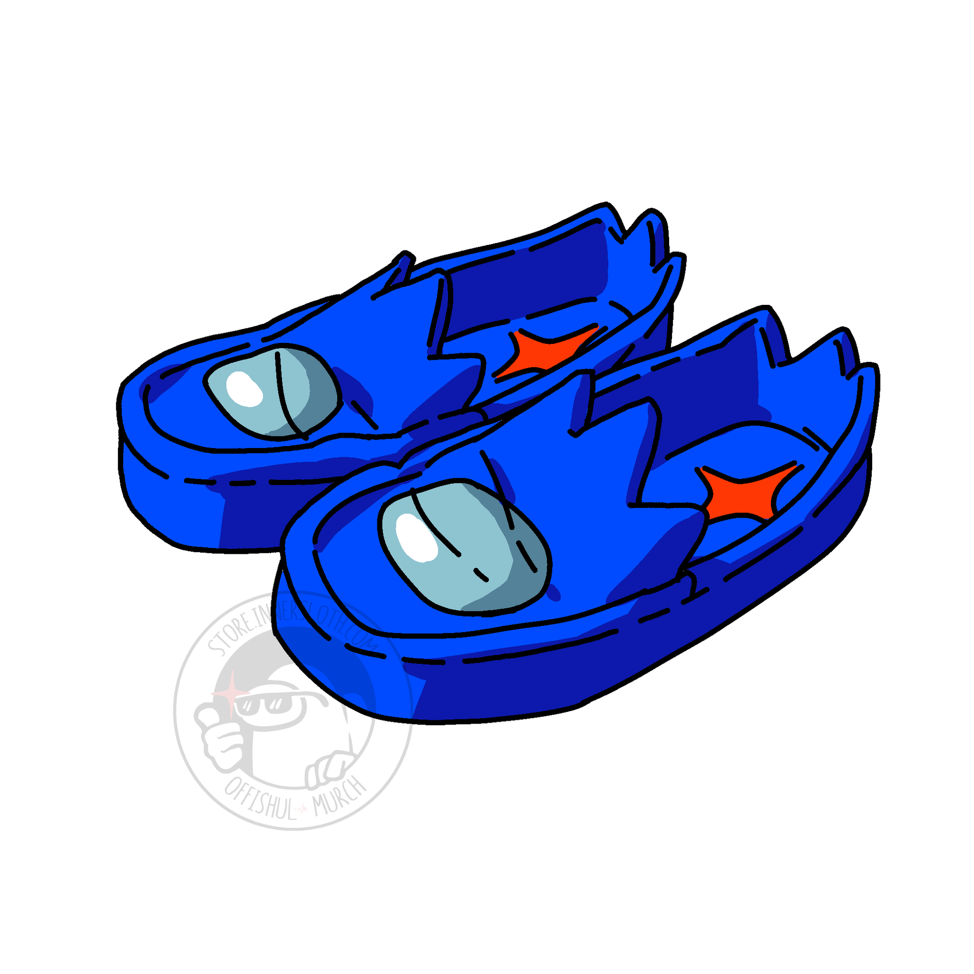 An illustration of blue Impostor slippers by Jemma Salume. The tongue and heel tab of the slippers are shaped like the Impostor’s mouth. The slipper uppers have a crewmate visor emblem on each shoe. Each slipper has a red Impostor shine on the inside