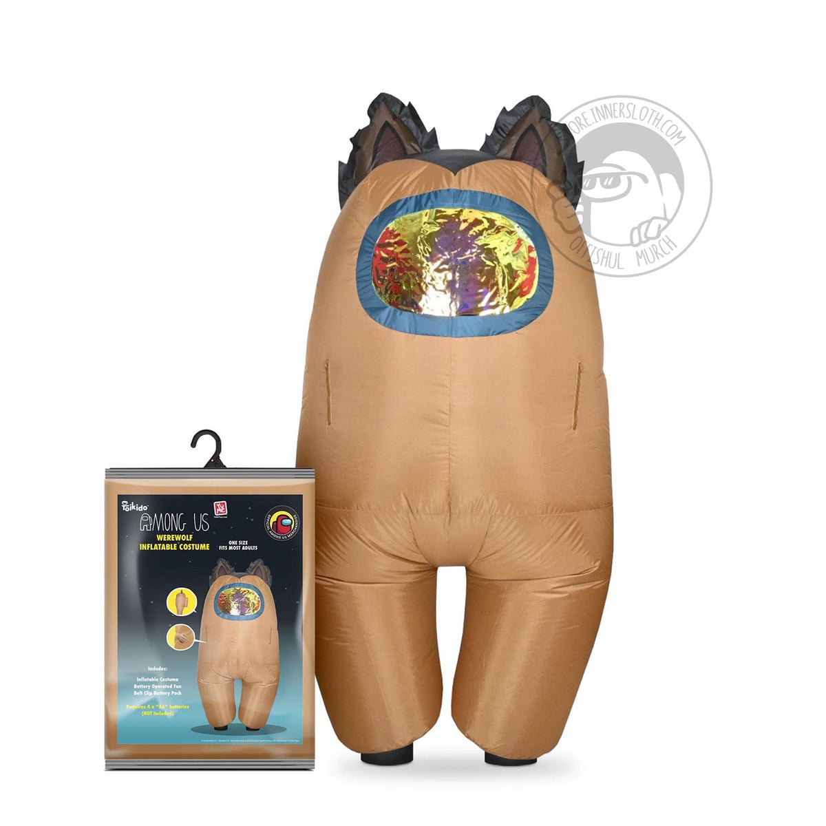 Front view of the Brown inflatable Wearwolf Crewmate costume, the costume has two inflatable brown wolf ears attached to the costume sticking up on either side of the head. Next to it on the left is the packaging for the costume.