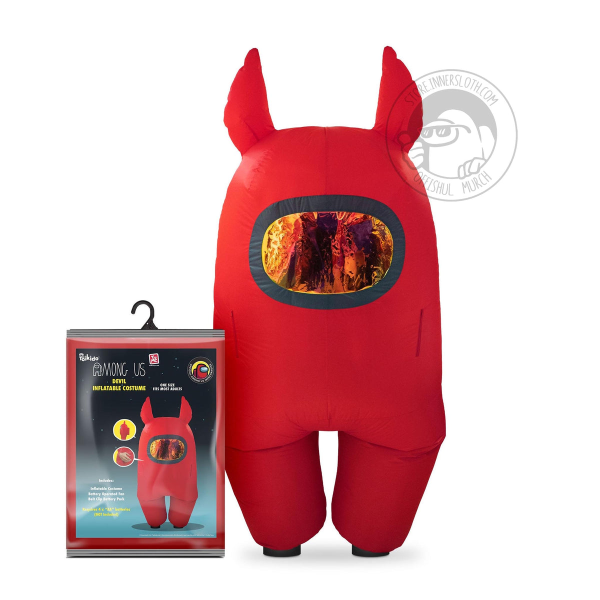 Front view of the Red inflatable Devil Crewmate costume, the costume has two inflatable red horns attached to the costume sticking up on either side of the head. Next to it on the left is the packaging for the costume.  