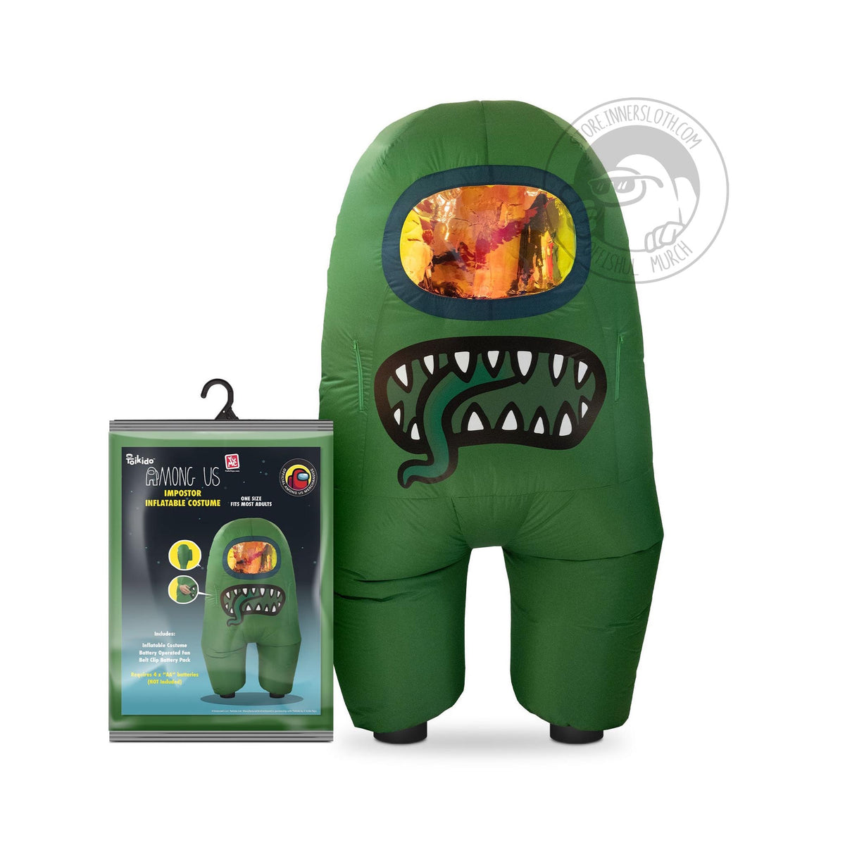 Front view of the Green inflatable Impostor costume, there is an open mouth with sharp teeth and green tongue sticking out of the belly of the costume. Next to it on the left is the packaging for the costume. 