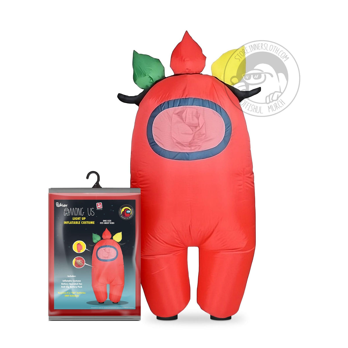 Front view of the Red inflatable Lit Up Crewmate youth costume, the costume has an inflatable headband of Christmas lights attached to the costume. Next to it on the left is the packaging for the costume.