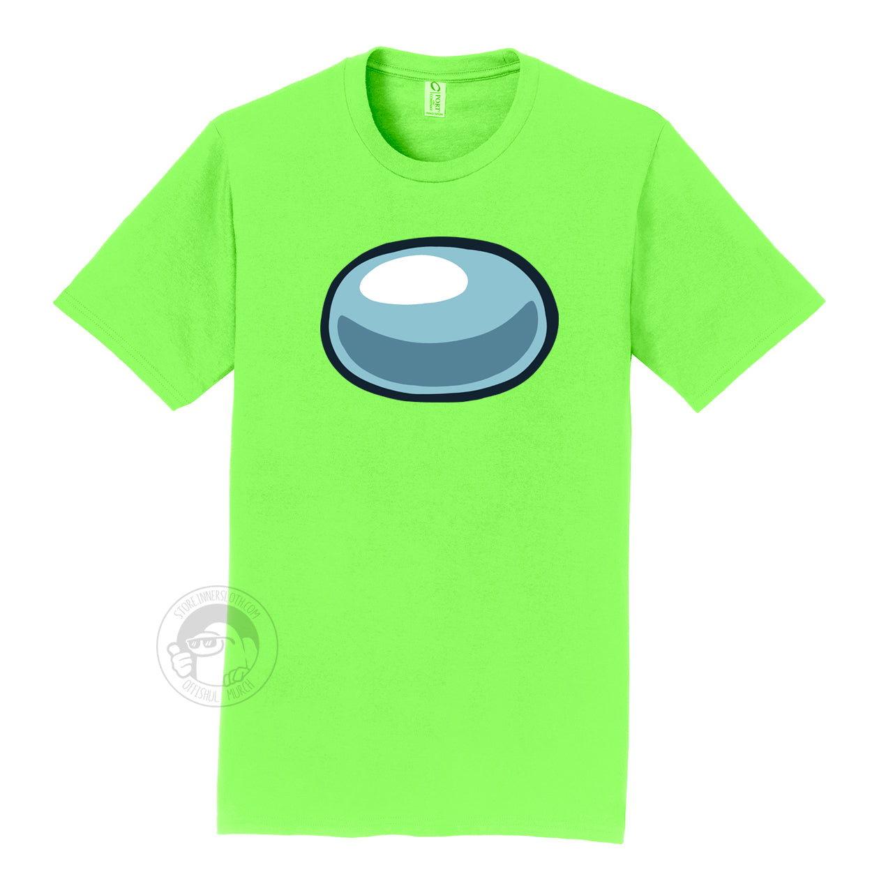 A product photograph of the Among Us: Crewmate Tee in lime green. The shirt depicts the crewmate's visor on the chest of the shirt.