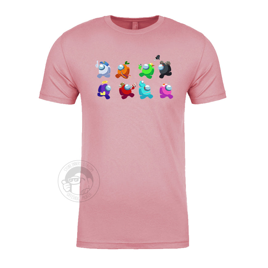 A product photo of the Among Us: Crewmate Task Parade Tee in pastel pink. On the shirt there are two rows of different colored crewmates decked in accessories. The top row of crewmates are running to the left, and the bottom row are marching to the right.