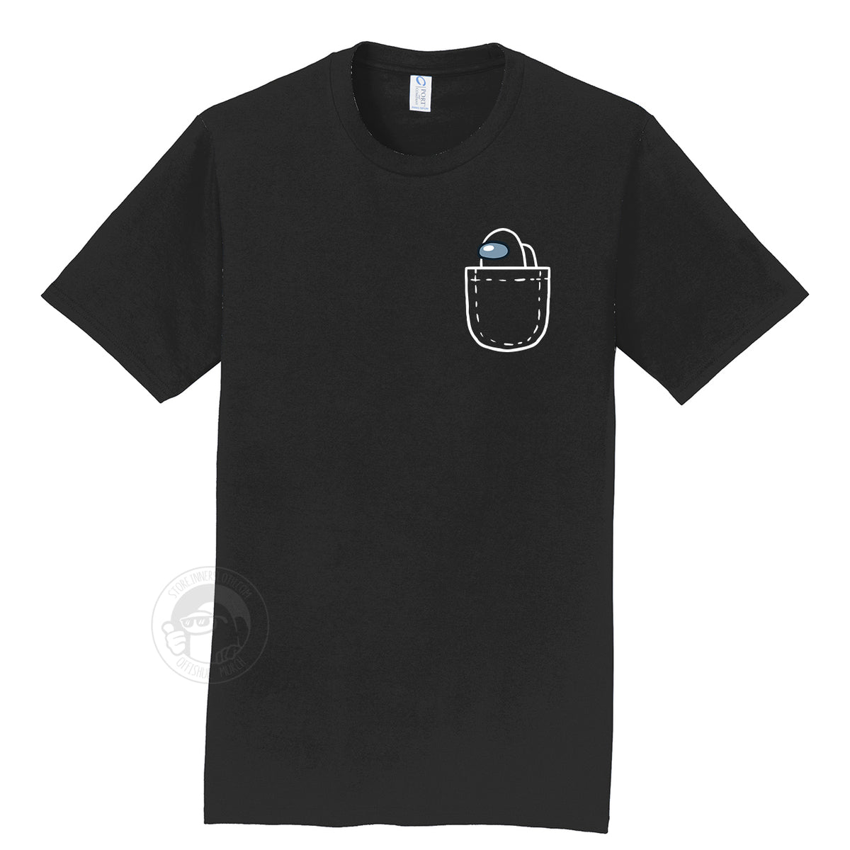 A product photograph of the Among Us: Mini Crewmate Pocket Tee in black. The shirt art depicts a fake pocket and a small crewmate peeking out of it. The crewmate is the same color as the rest of the shirt.