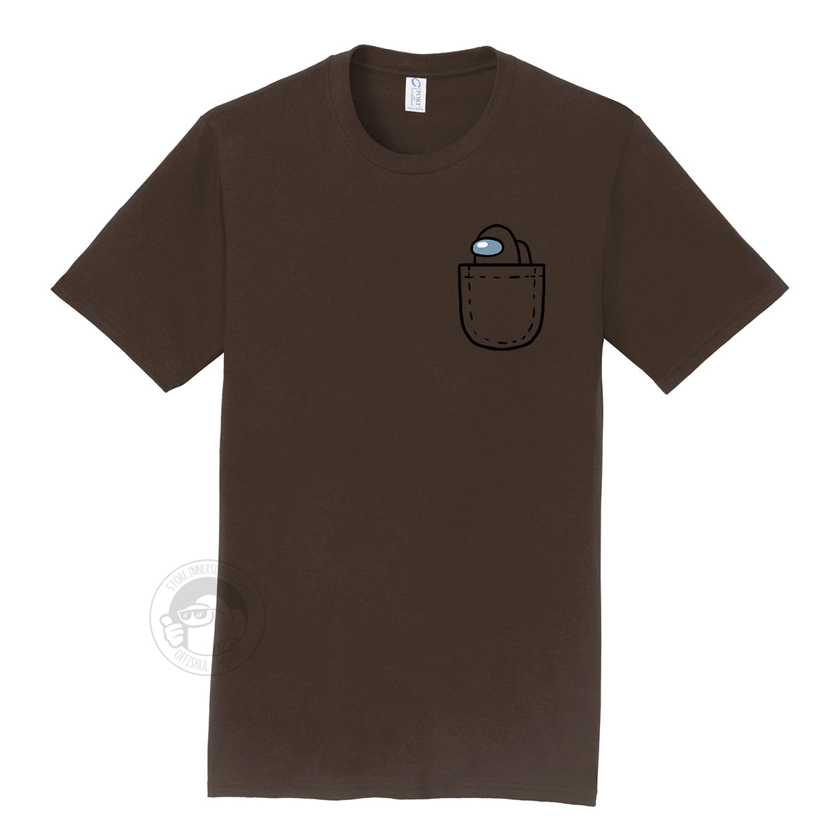 A product photograph of the Among Us: Mini Crewmate Pocket Tee in brown. The shirt art depicts a fake pocket and a small crewmate peeking out of it. The crewmate is the same color as the rest of the shirt.