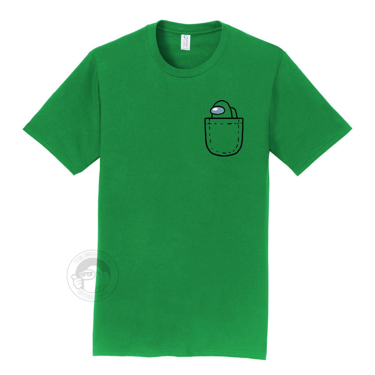 A product photograph of the Among Us: Mini Crewmate Pocket Tee in green. The shirt art depicts a fake pocket and a small crewmate peeking out of it. The crewmate is the same color as the rest of the shirt.