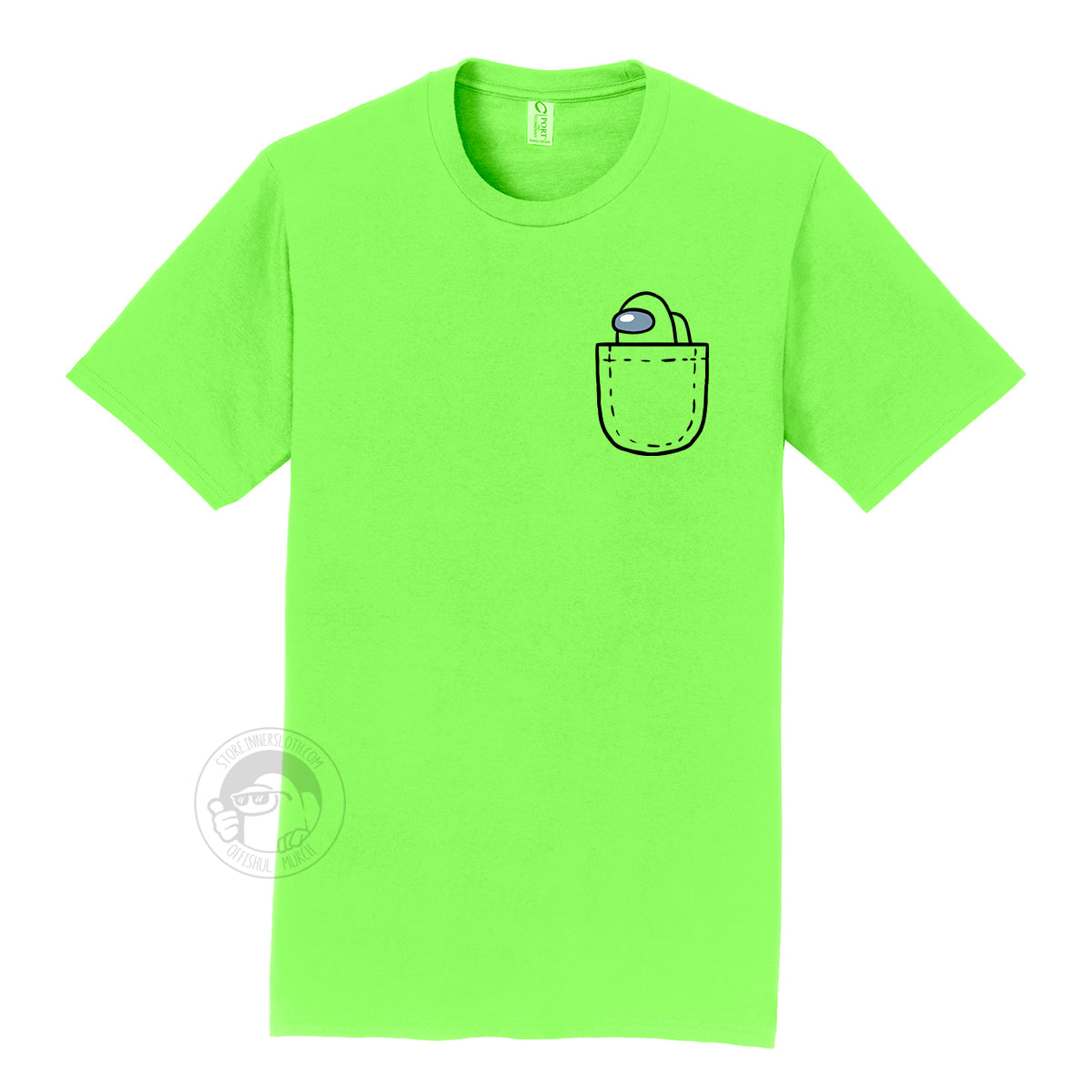 A product photograph of the Among Us: Mini Crewmate Pocket Tee in lime green. The shirt art depicts a fake pocket and a small crewmate peeking out of it. The crewmate is the same color as the rest of the shirt.