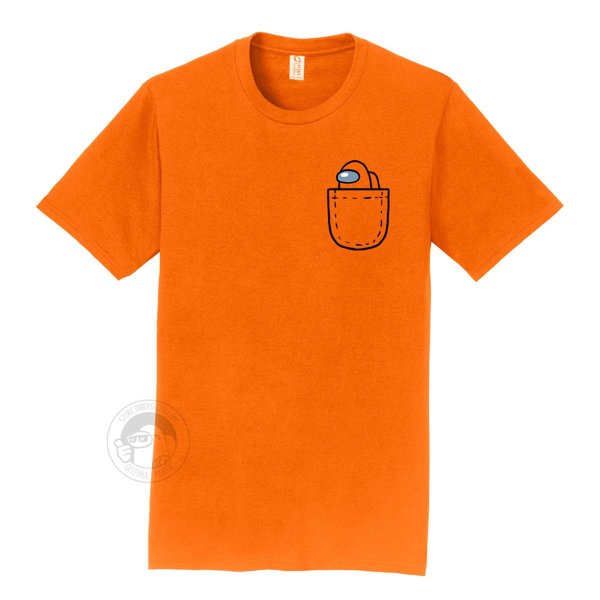A product photograph of the Among Us: Mini Crewmate Pocket Tee in orange. The shirt art depicts a fake pocket and a small crewmate peeking out of it. The crewmate is the same color as the rest of the shirt.