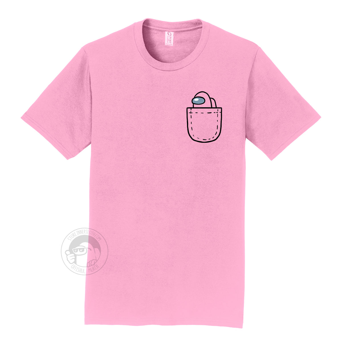 A product photograph of the Among Us: Mini Crewmate Pocket Tee in pink. The shirt art depicts a fake pocket and a small crewmate peeking out of it. The crewmate is the same color as the rest of the shirt.
