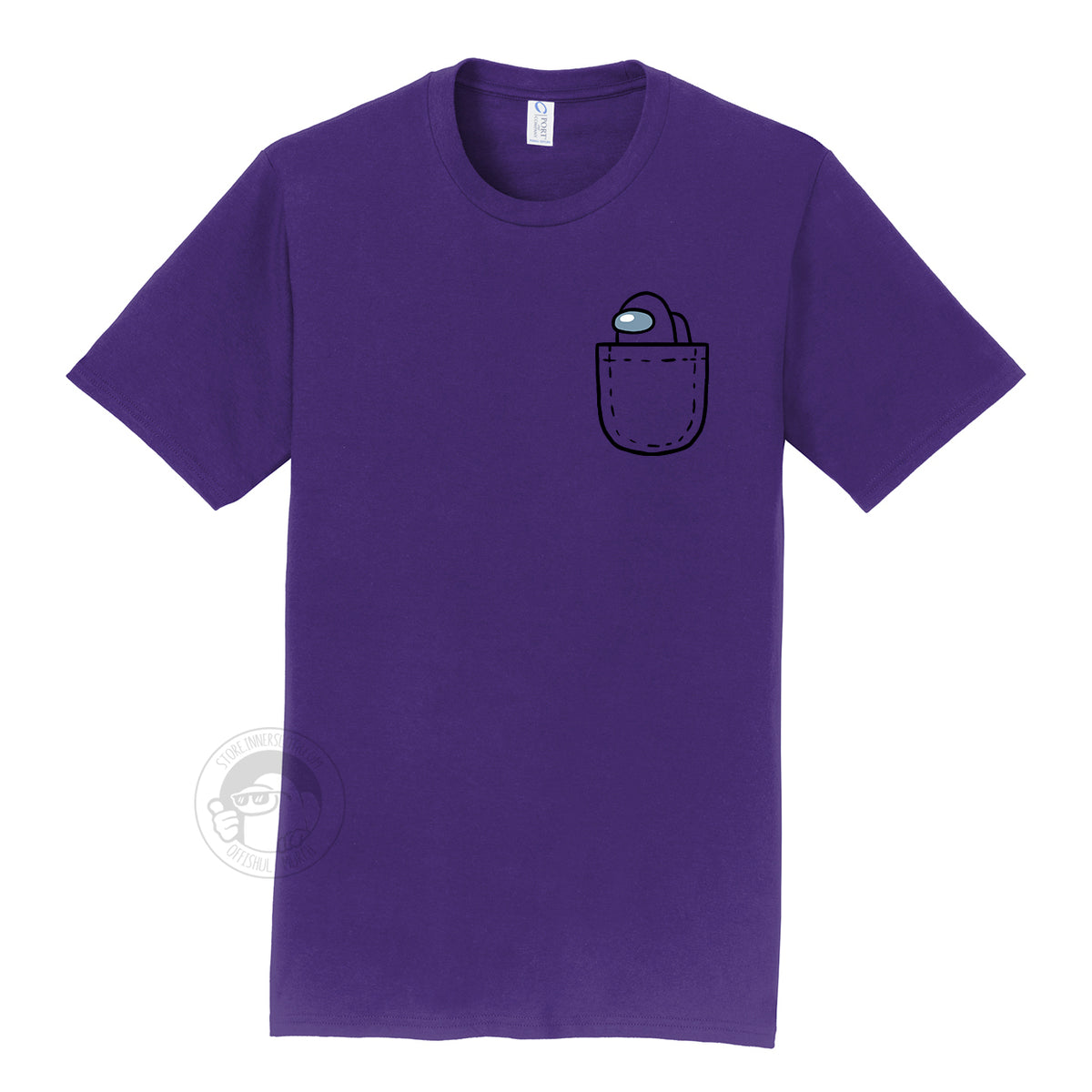 A product photograph of the Among Us: Mini Crewmate Pocket Tee in purple. The shirt art depicts a fake pocket and a small crewmate peeking out of it. The crewmate is the same color as the rest of the shirt.