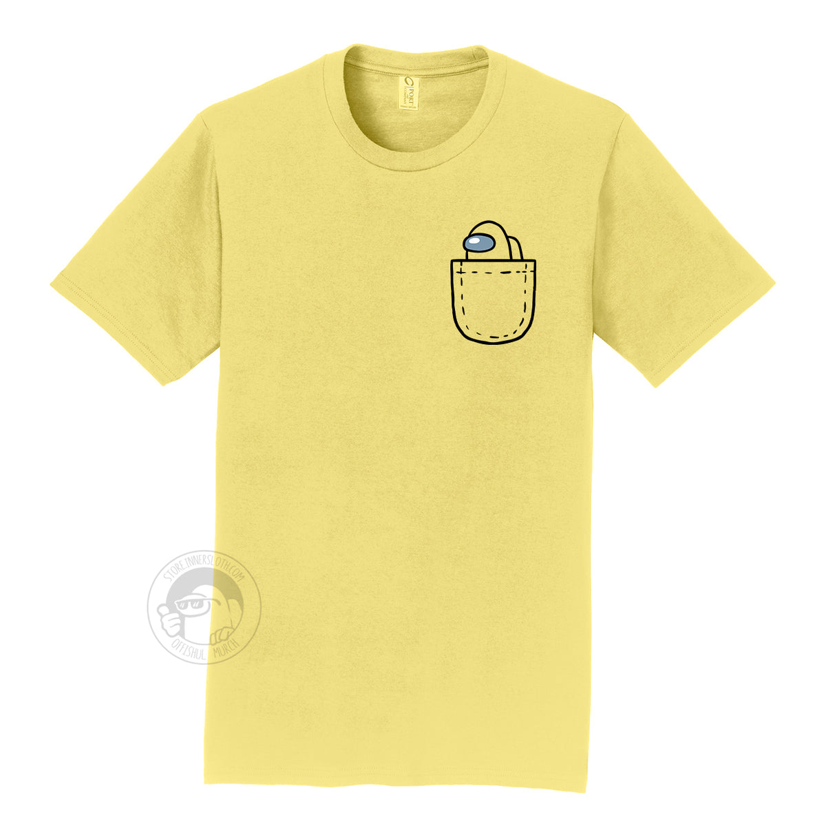 A product photograph of the Among Us: Mini Crewmate Pocket Tee in yellow. The shirt art depicts a fake pocket and a small crewmate peeking out of it. The crewmate is the same color as the rest of the shirt.