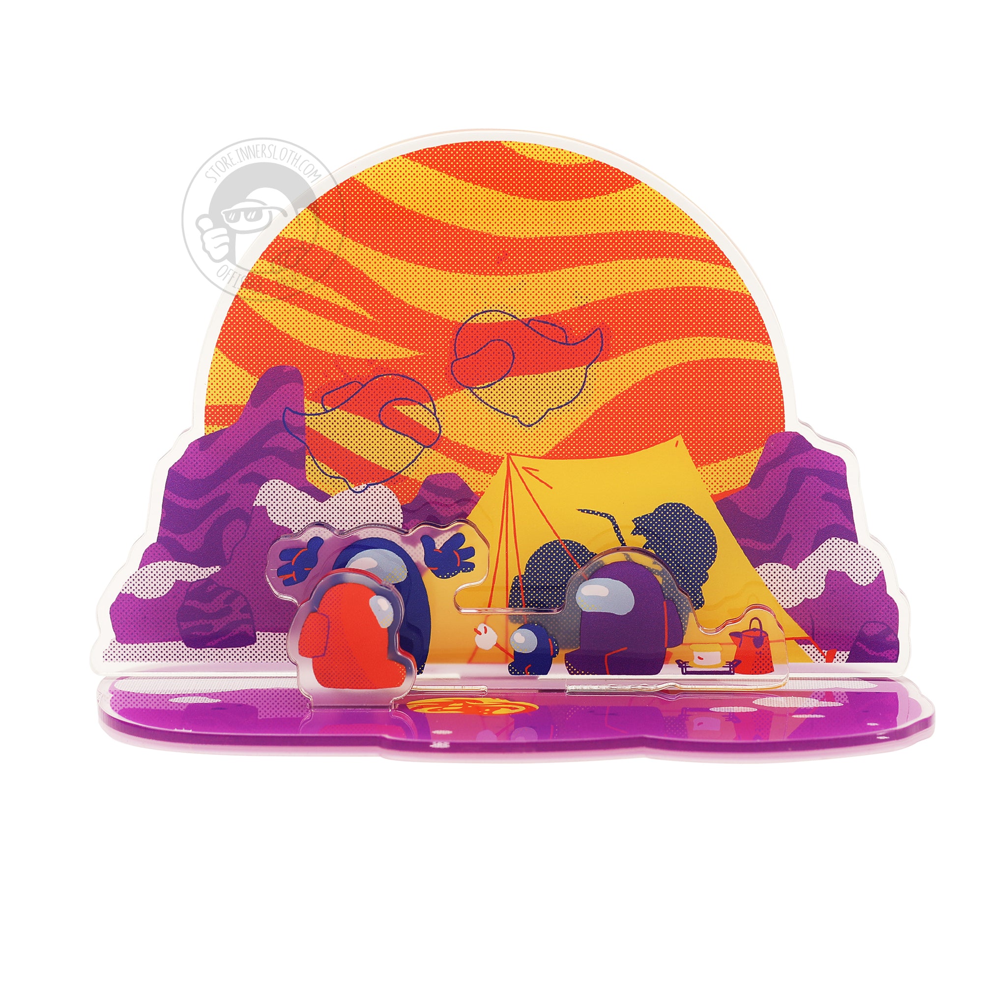A product photo of the Among Us: Polus Camping Standee. It is an acrylic standee with different layers depicting a scene. The standee depicts a purple, blue and red crewmate with a camping tent among the snowy mountains of Polus with a large orange and yellow swirly sun in the background.