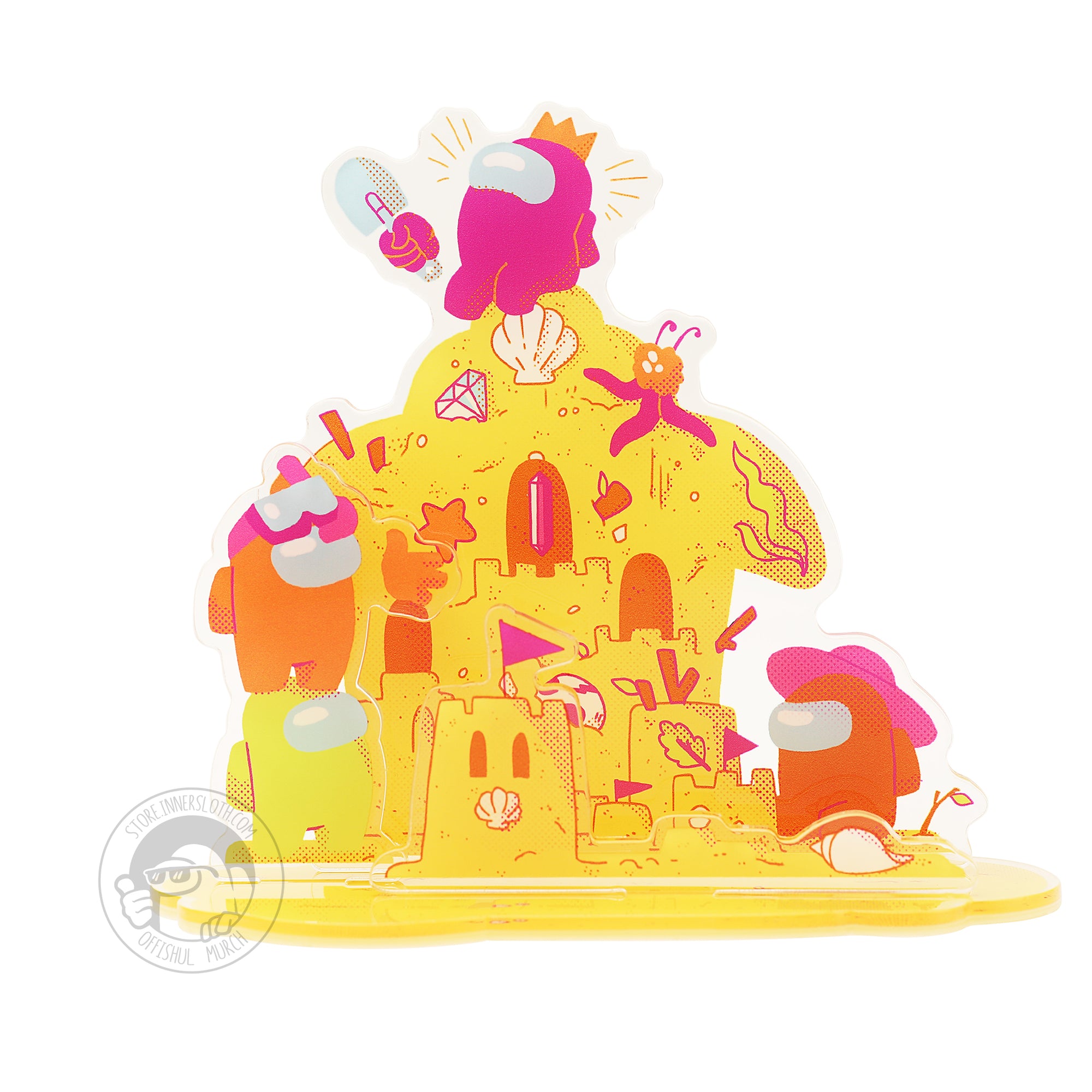 A product photo of the Among Us: Sandcastle Standee. It is an acrylic standee with different layers depicting a scene. The standee depicts four crewmates building a sandcastle, which vaguely resembles the Airship. A pink crewmate wearing a crown hat sits at the top of the castle. 