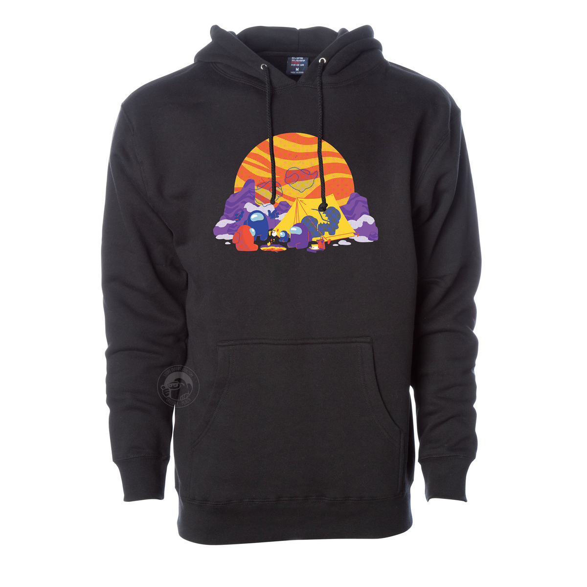 A product photo of the Among Us: Polus Camping Hoodie. The hoodie is black and the printed illustration depicts a purple, blue and red crewmates with a camping tent among the snowy mountains of Polus with a large orange and yellow swirly sun in the background.